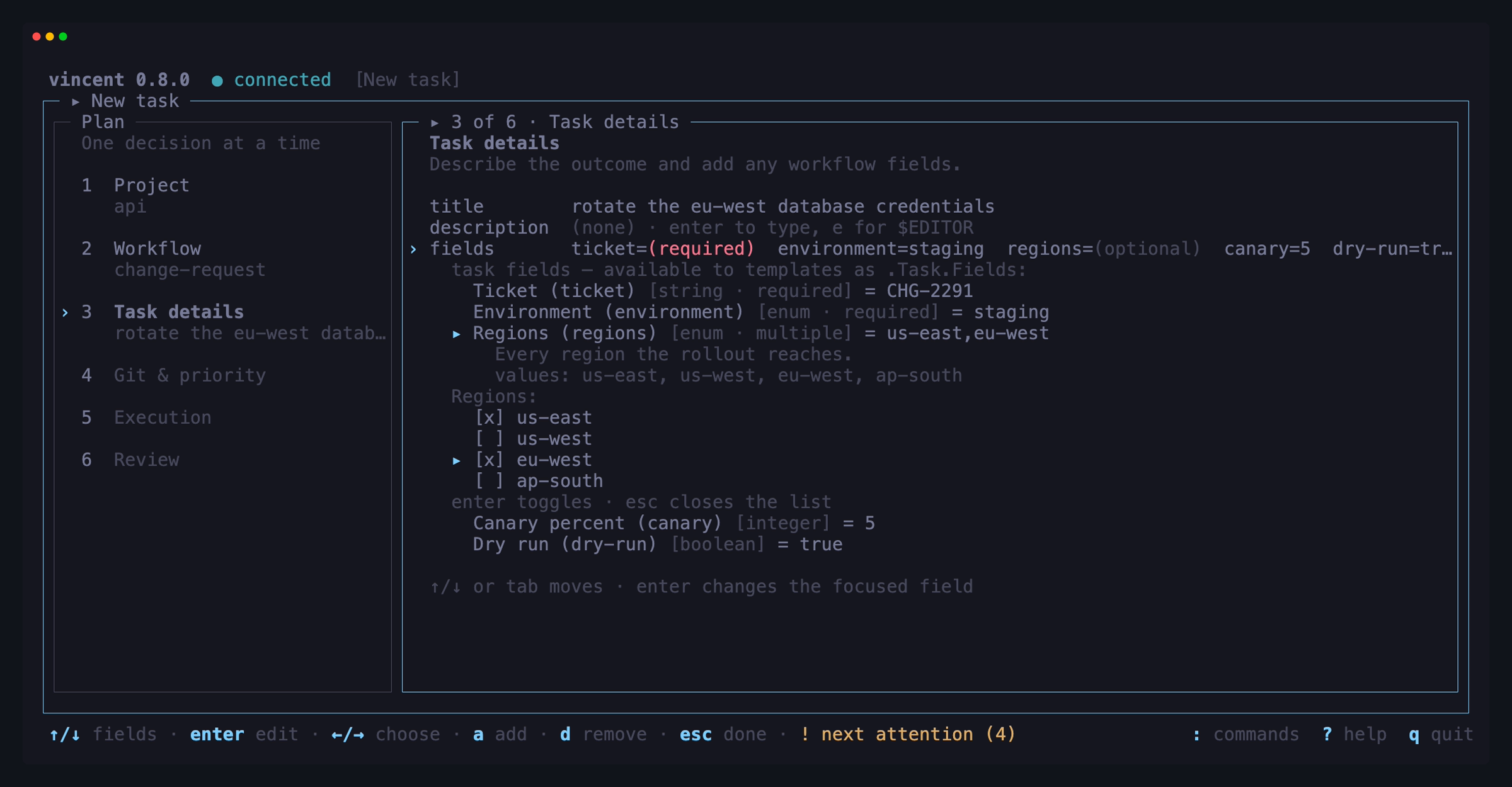 New task on a workflow that declares five fields, with a multiple-choice
enum's list open