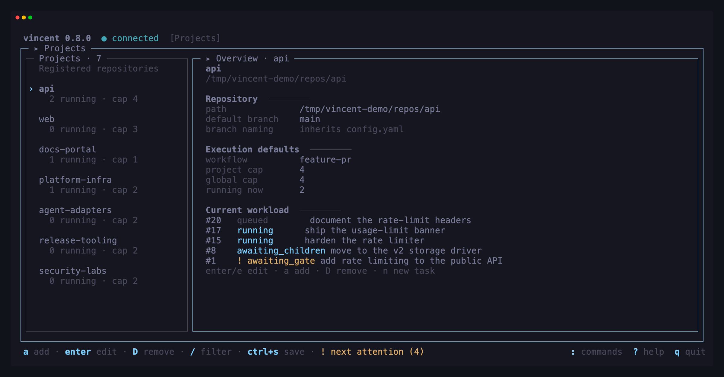 The Projects view showing seven repositories, execution defaults, concurrency limits, and a mixed active workload