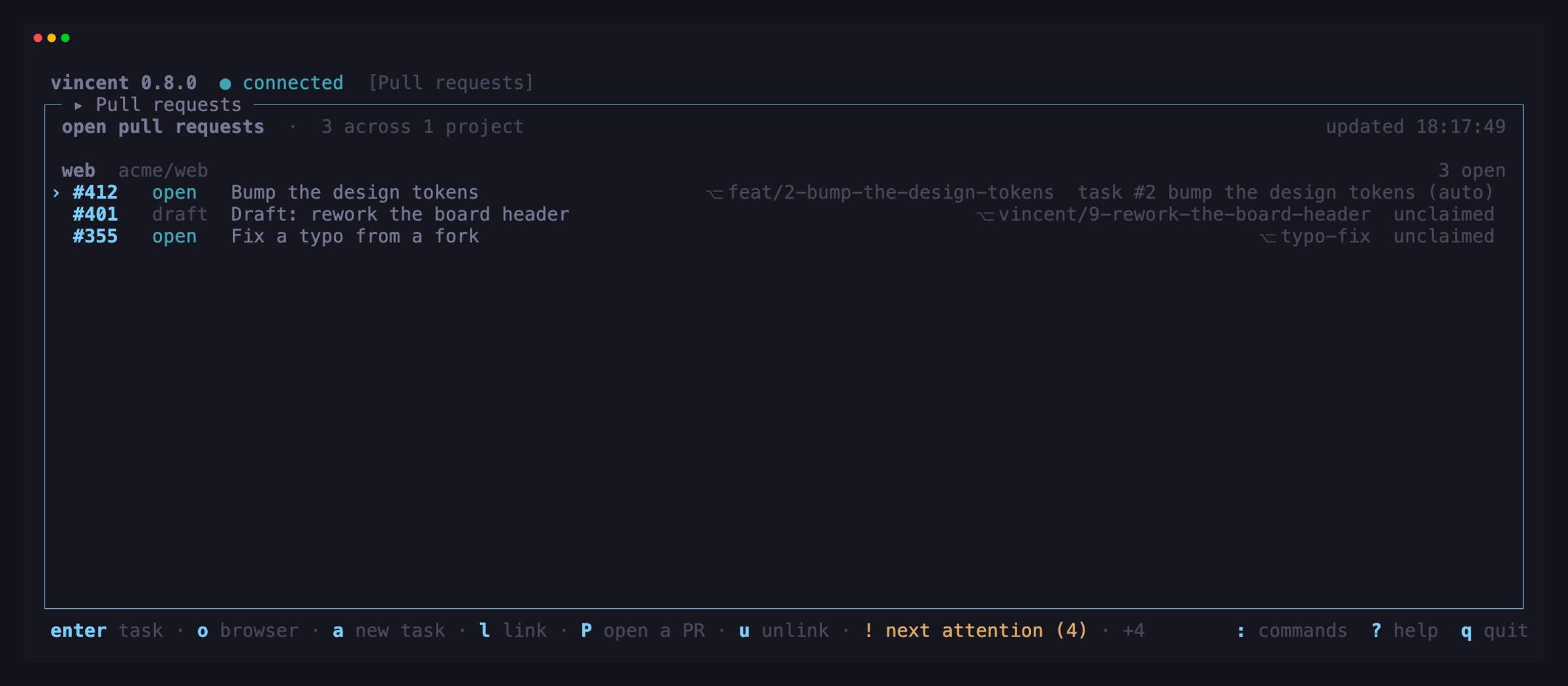 The pull requests screen: one GitHub project's three open pull requests —
#412 claimed by task 2, which the reconciler matched by its head branch, an
unclaimed draft, and an unclaimed pull request from a
fork