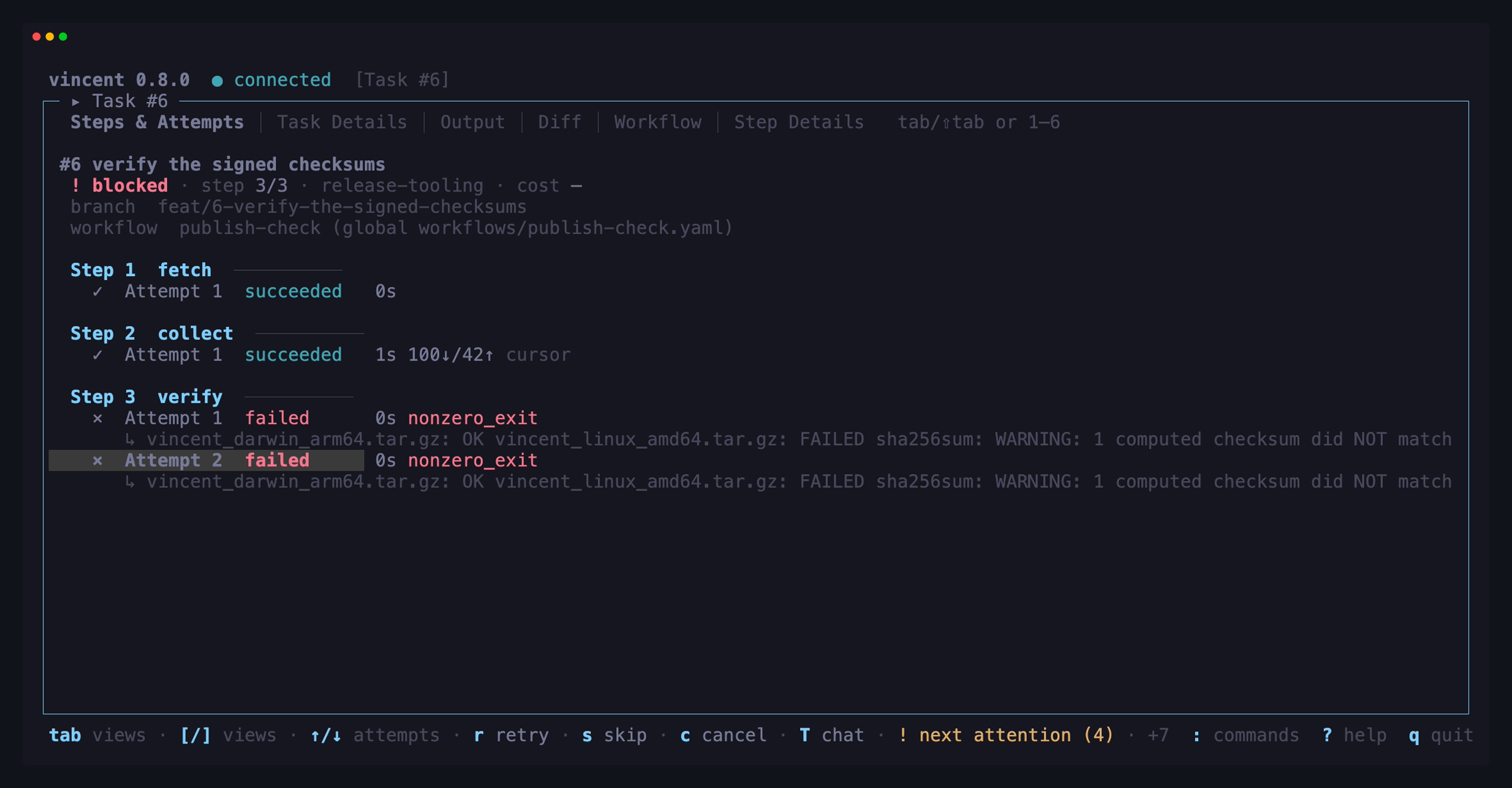 Steps & Attempts on a blocked task: a command step and an agent step that
succeeded, the agent's tokens beside its row, then two failed attempts of the
verify step, each with its failure reason and the tail of its output beneath
it