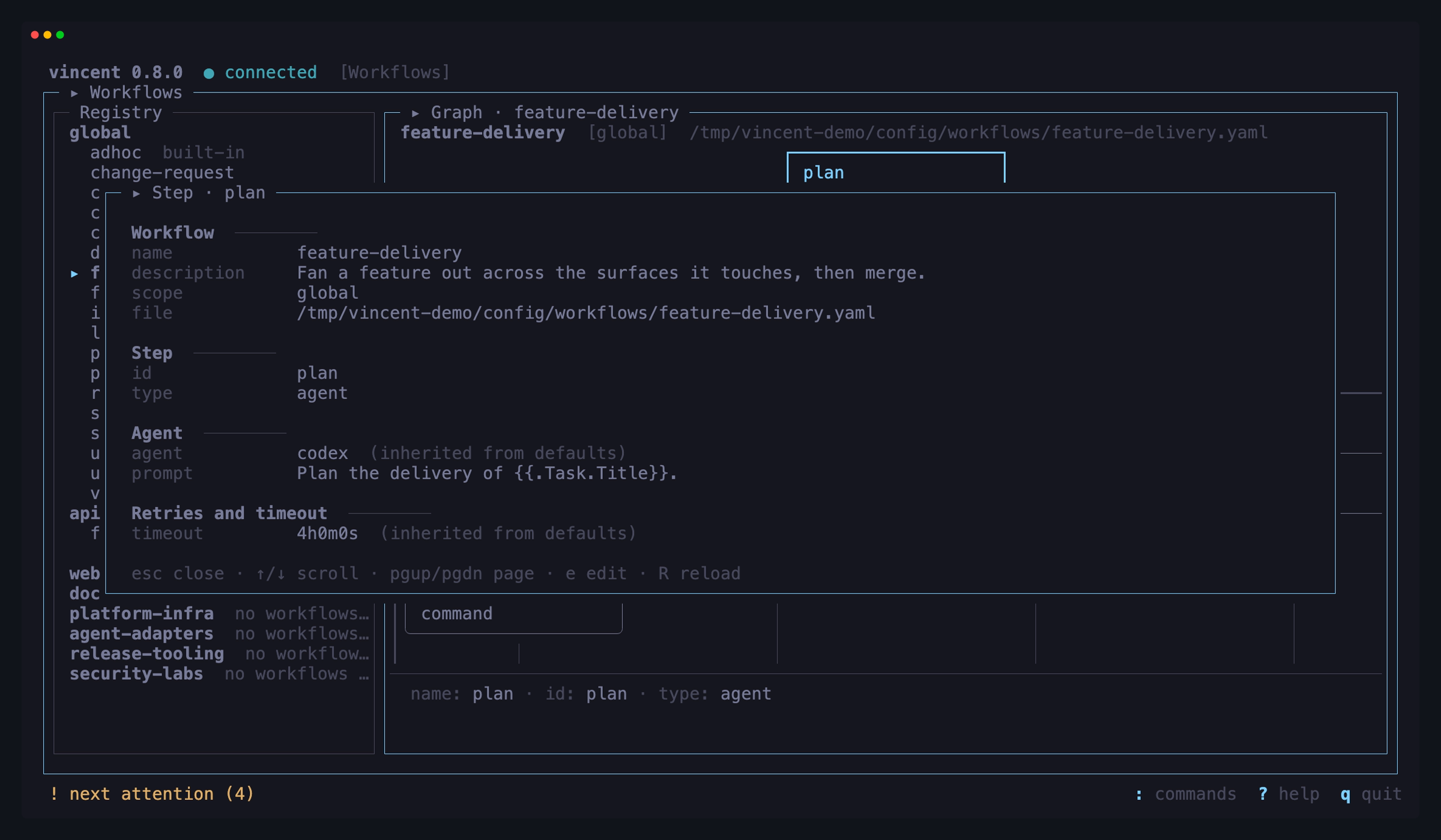 The step-detail popup over the graph: the selected agent step in full — the
workflow it belongs to, its id and type, its whole prompt, and its agent and
timeout both marked as inherited from defaults