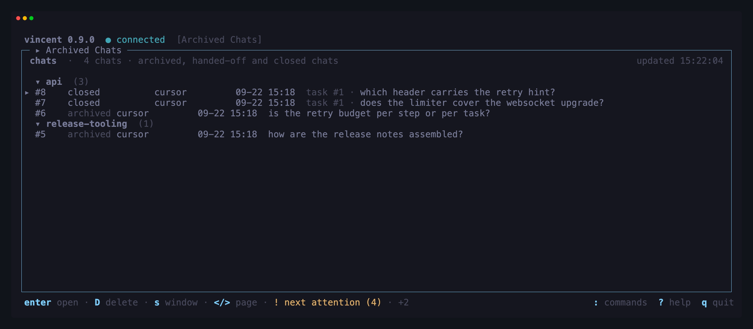 The archived chats board: four finished conversations grouped by project —
two archived, and two closed chats that were opened on task #1, each saying so
ahead of its title