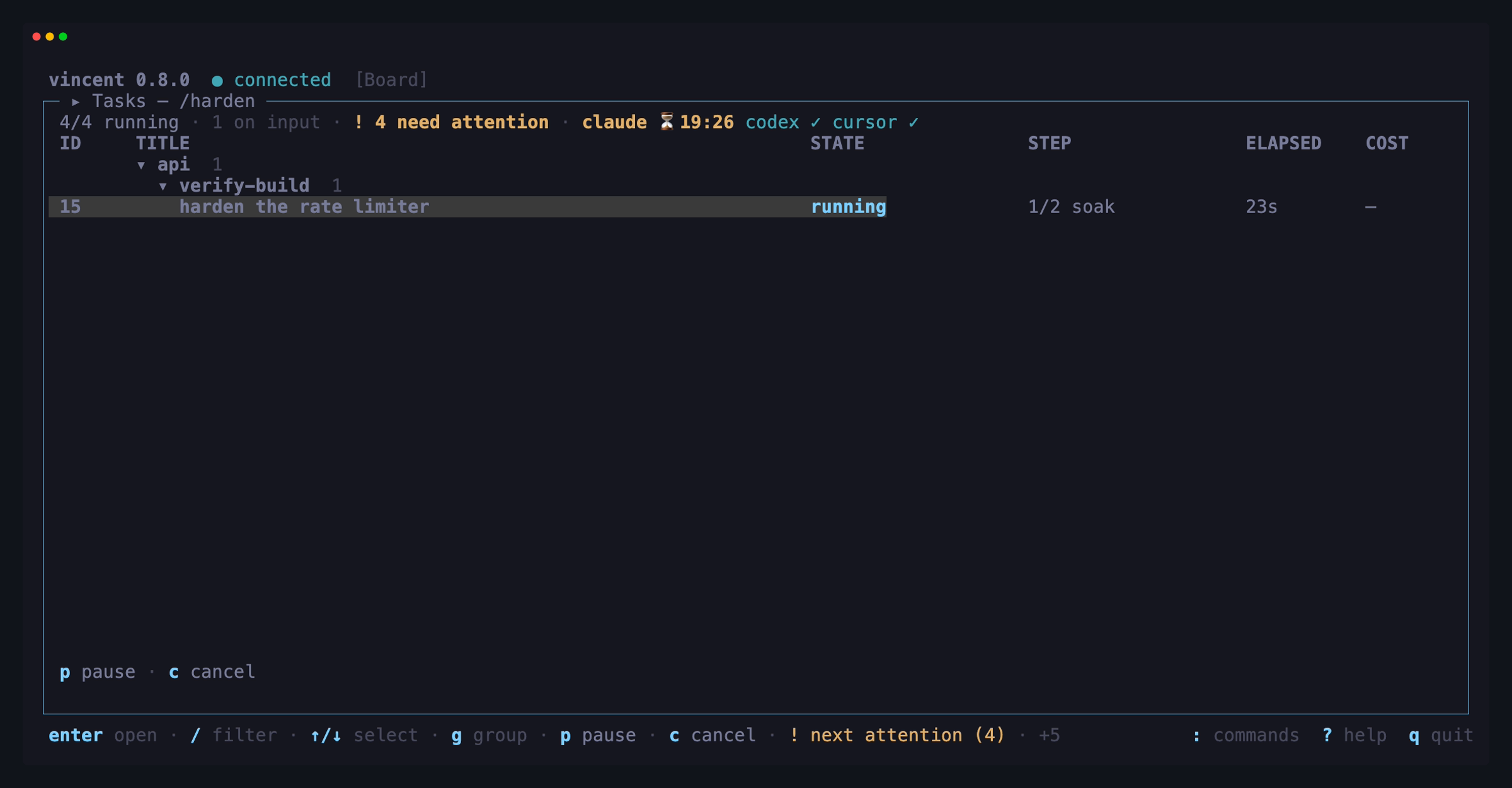 The board filtered to one running task