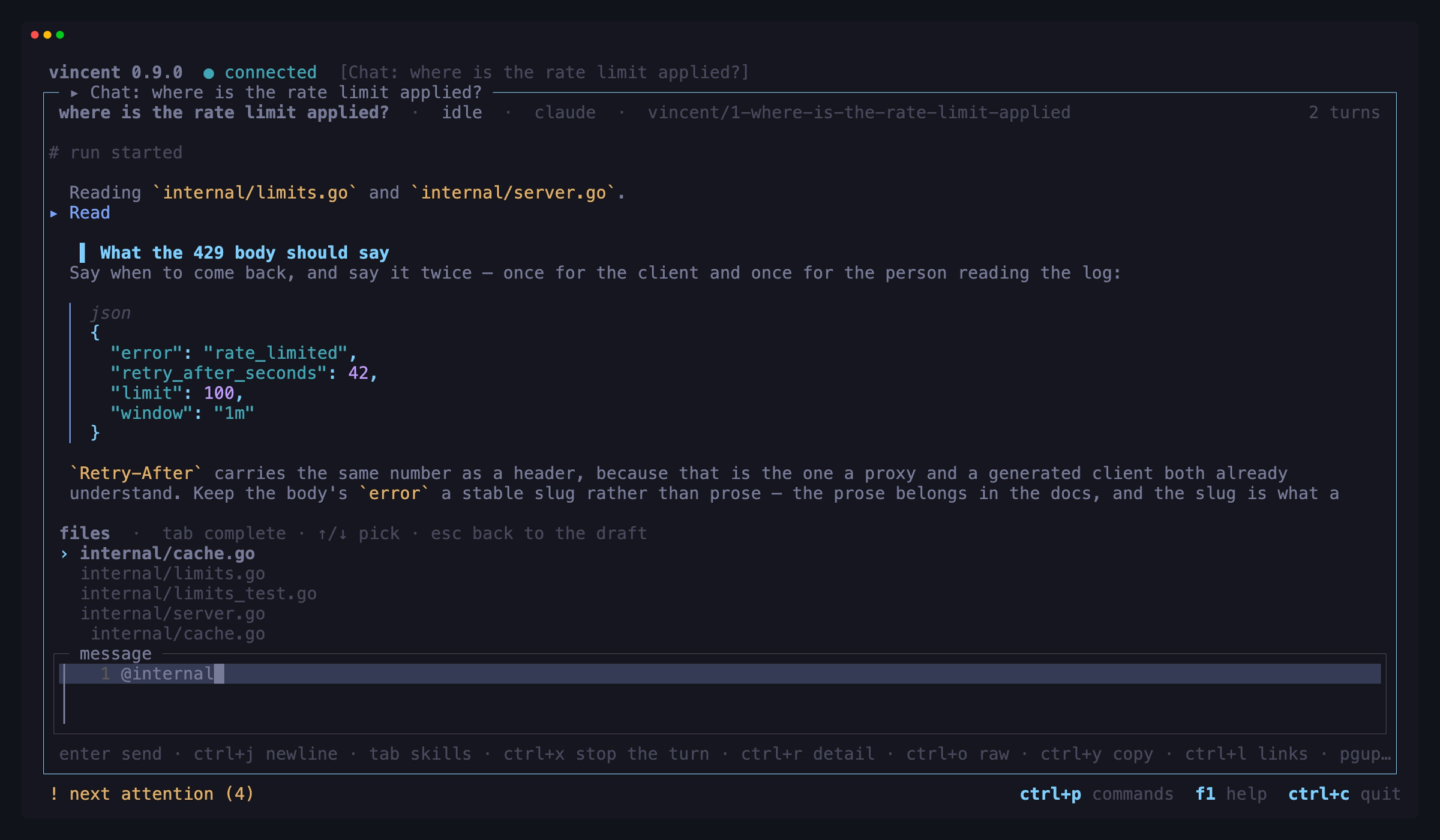 The chat composer's file list opened by a typed `@internal`, ranked, one
row picked with `↓` and its whole path on the line under the rows, and the
draft still reading `@internal`