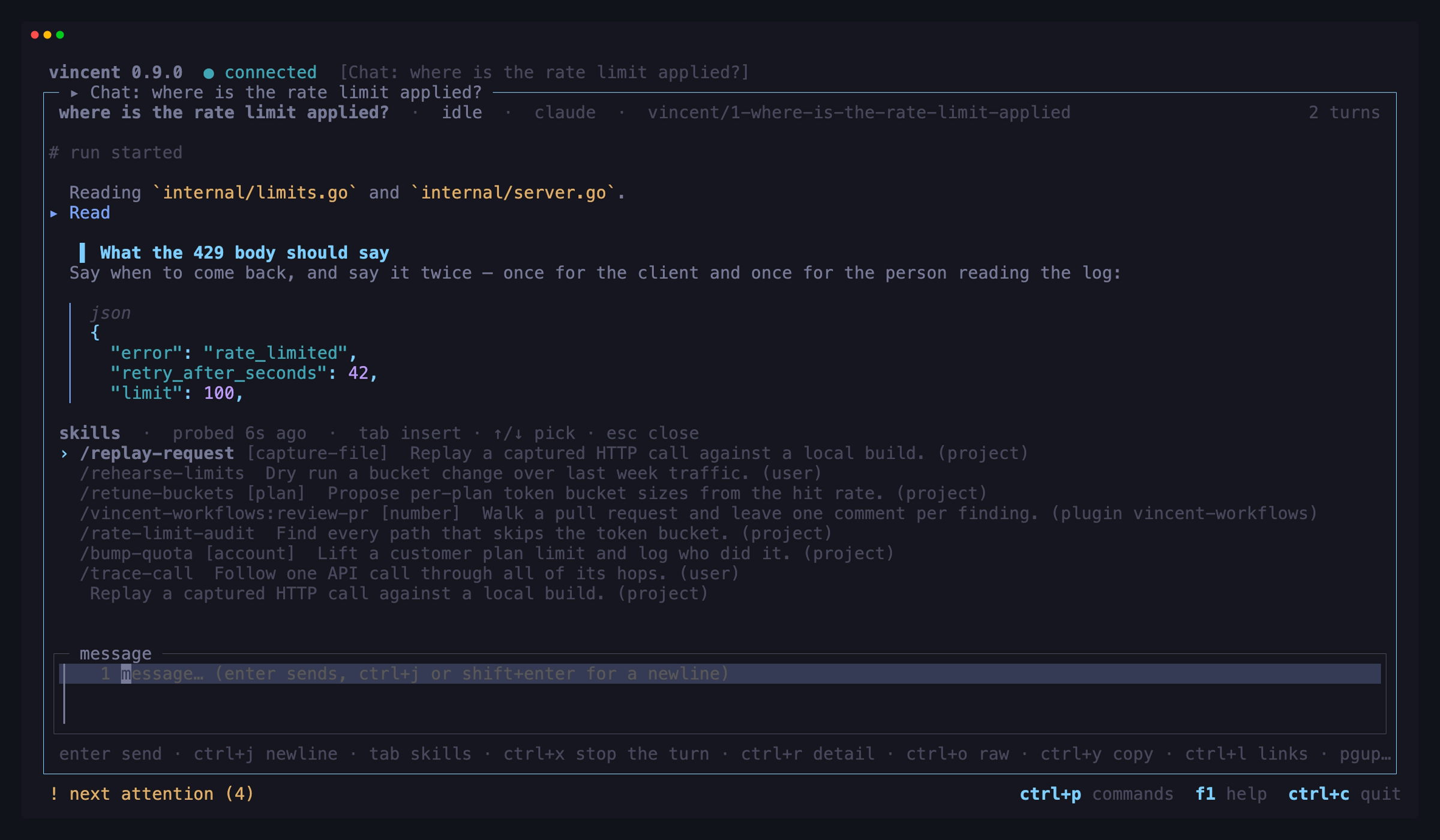 The skill list open above the chat composer: a `skills` line carrying how
long ago the agent was asked and what the keys do, one row per skill with its
invocation, argument hint and description, and the highlighted row's
description wrapped underneath