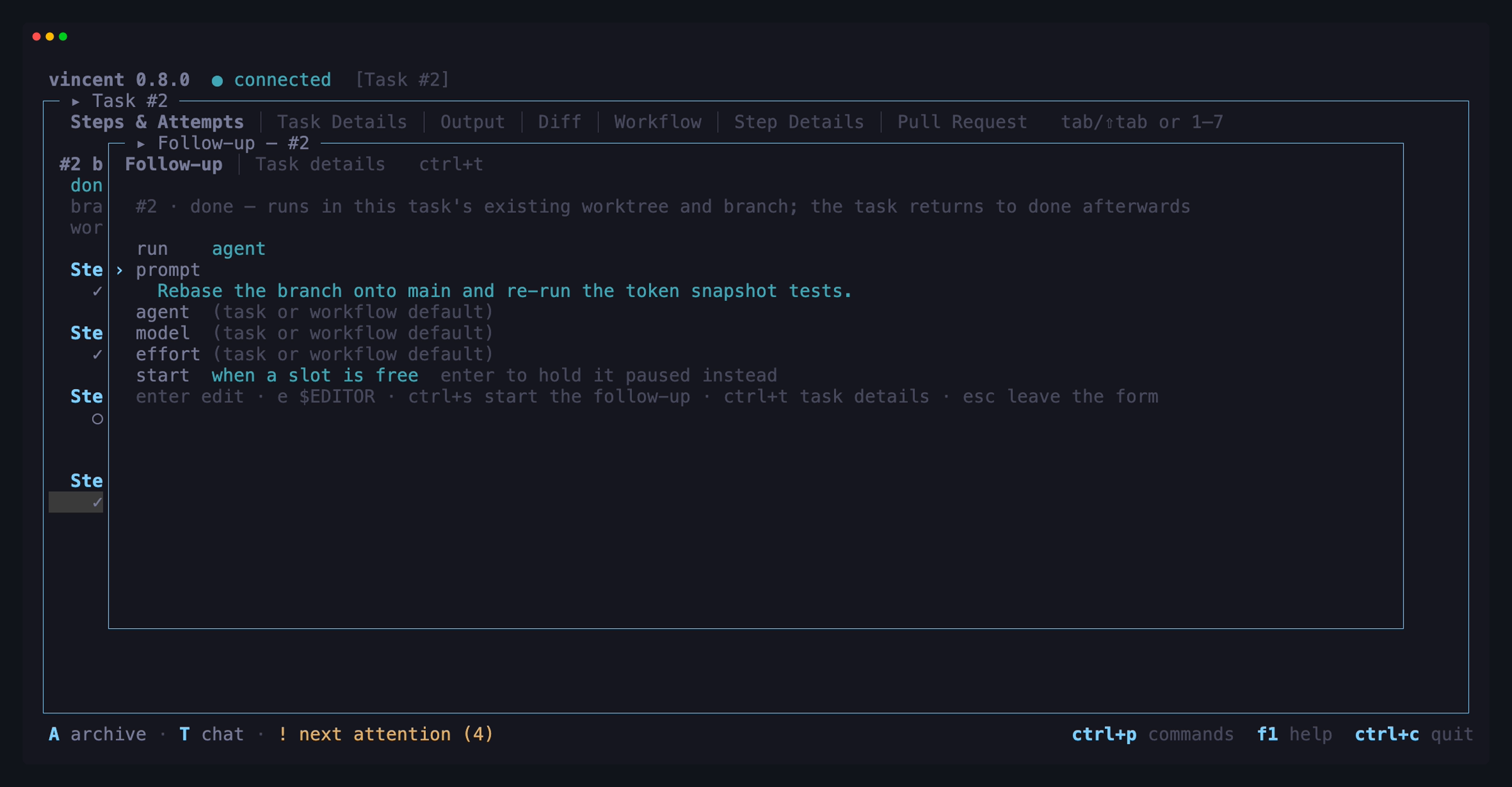 The follow-up popup over a finished task: the run form set to agent, a
written prompt, the agent, model and effort rows at their defaults, and the
start row reading when a slot is free