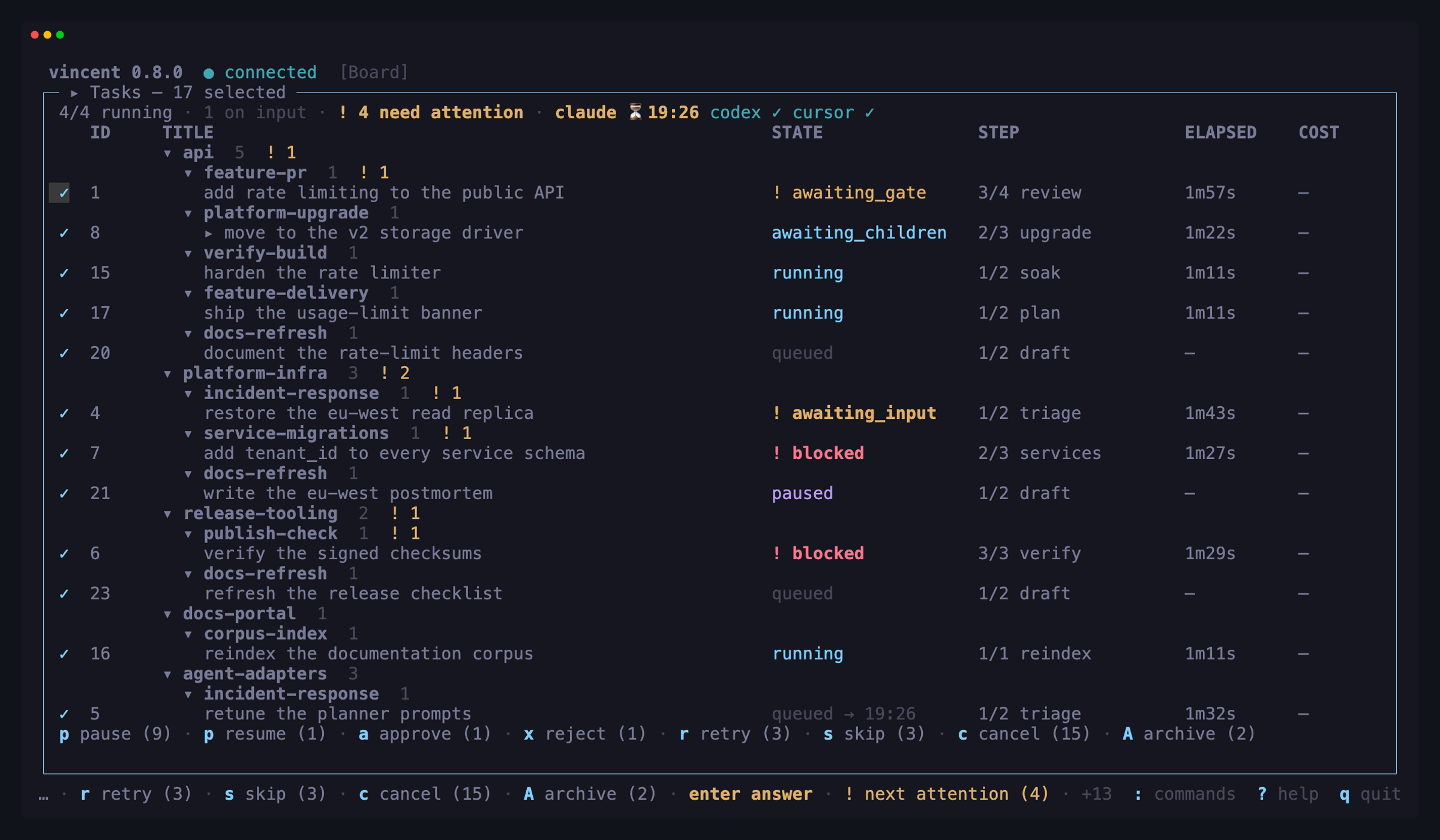 Every row selected, the panel title reading "Tasks — 13 selected", and the
action bar offering each action with the number of selected tasks it can move