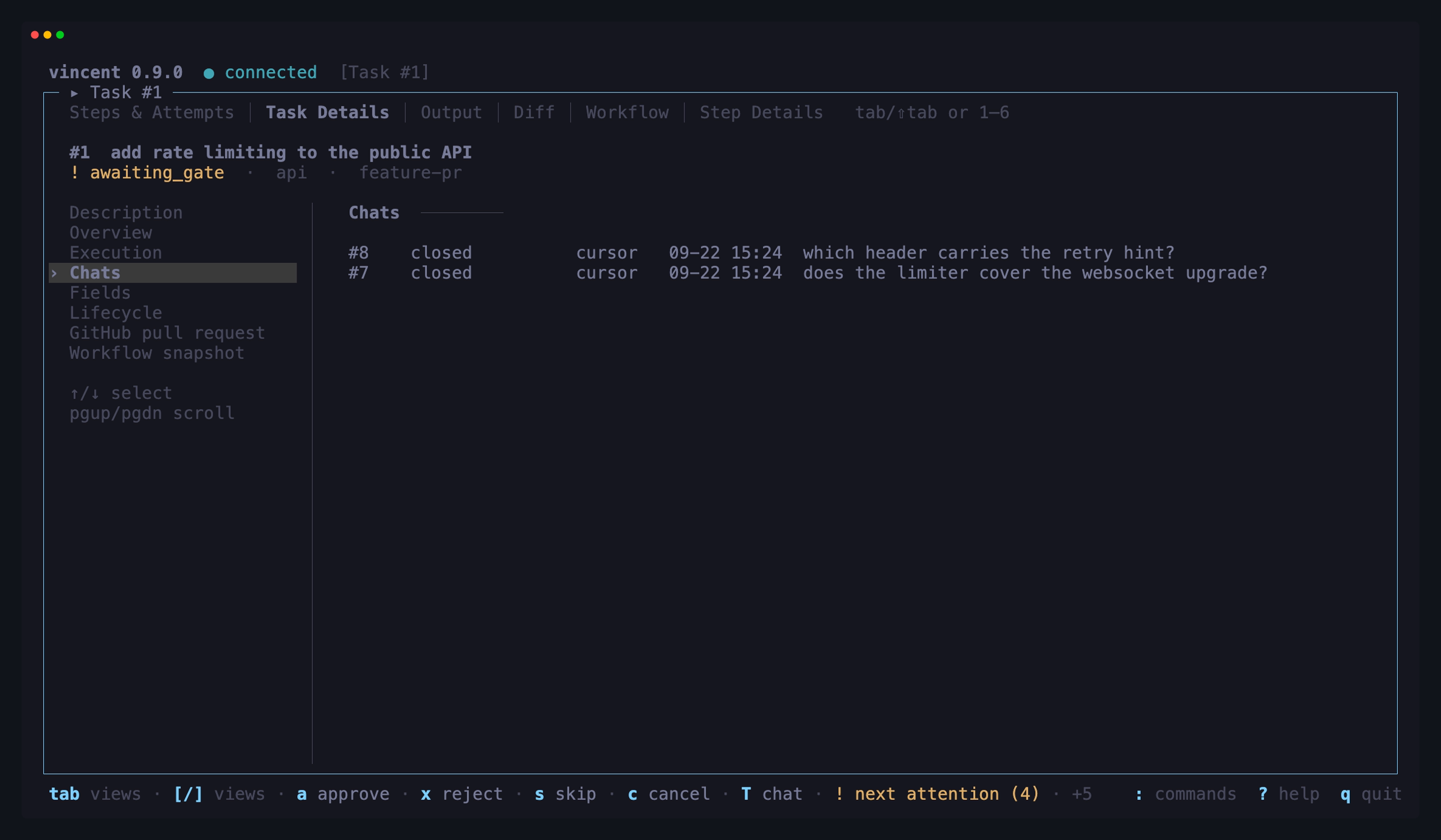 Task Details on a task at its gate: the section sidebar on the left with
Chats selected, and on the right the two chats opened on this task, newest
first, both closed, with their agent, when they started and their
titles