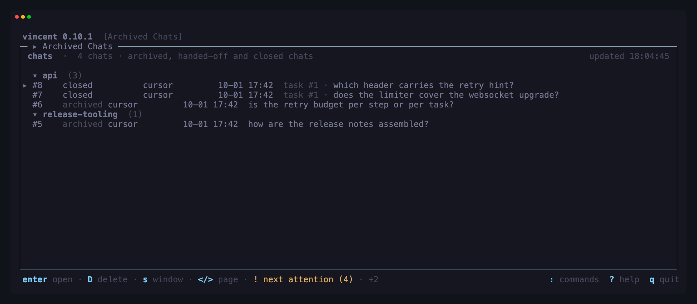 The archived chats board: four finished conversations grouped by project —
two archived, and two closed chats that were opened on task #1, each saying so
ahead of its title