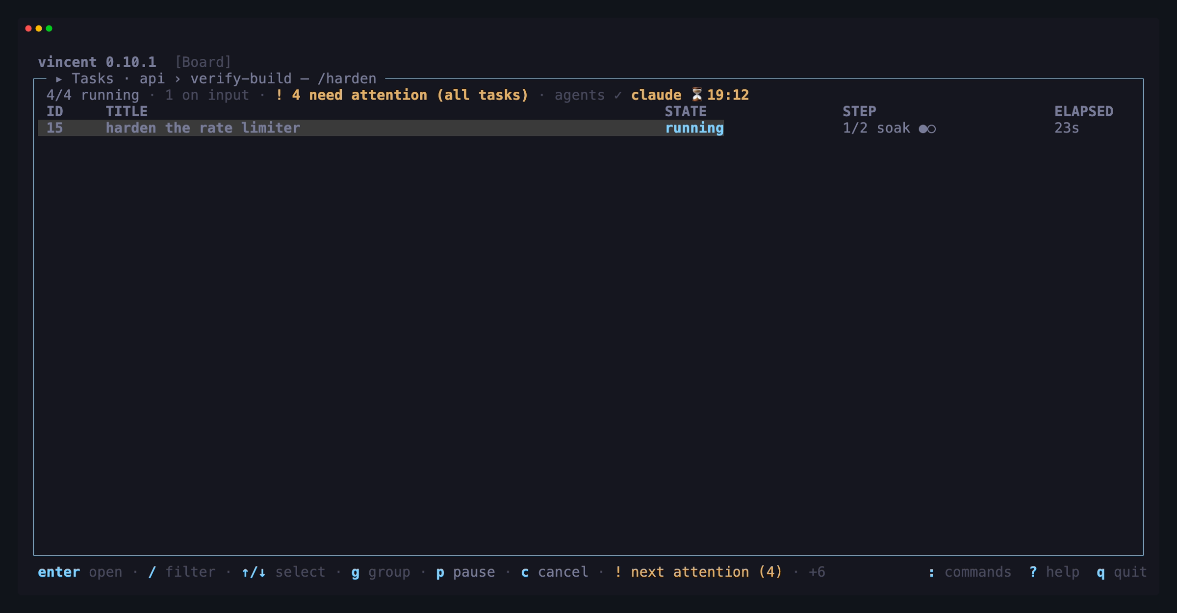 The board filtered to one running task