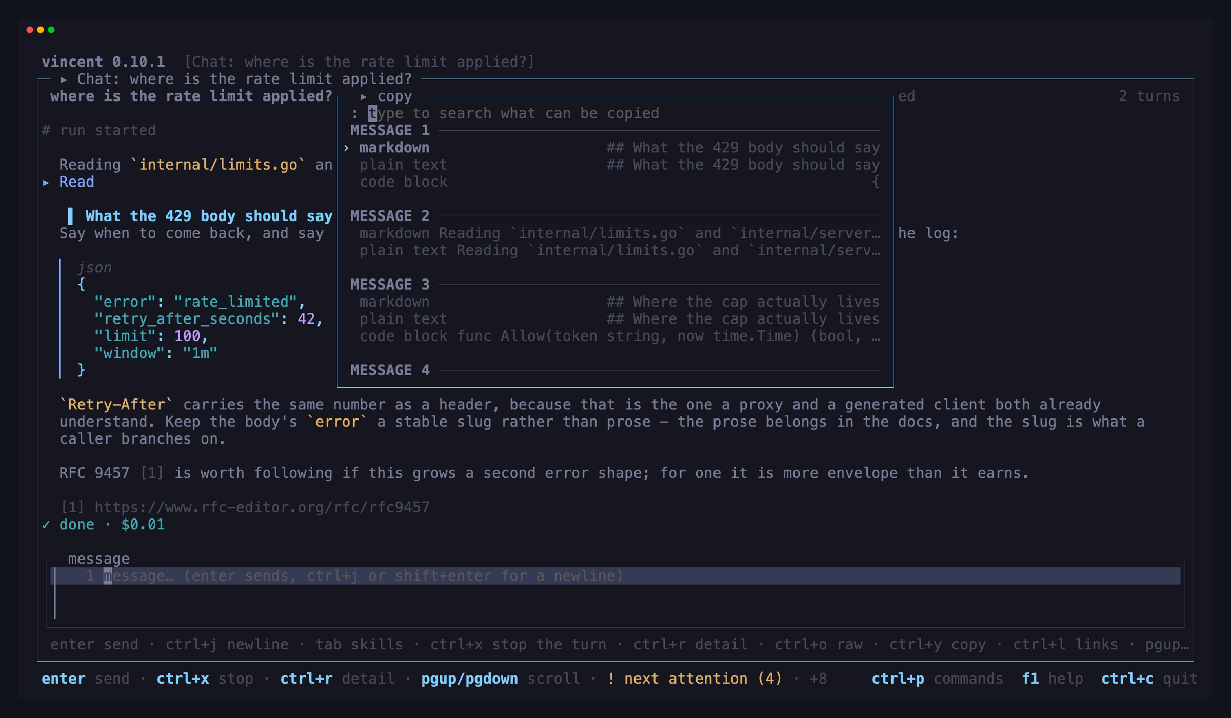 The chat workspace with the copy picker open: a group per assistant message,
each offering its markdown, its plain text and each fenced block in
it
