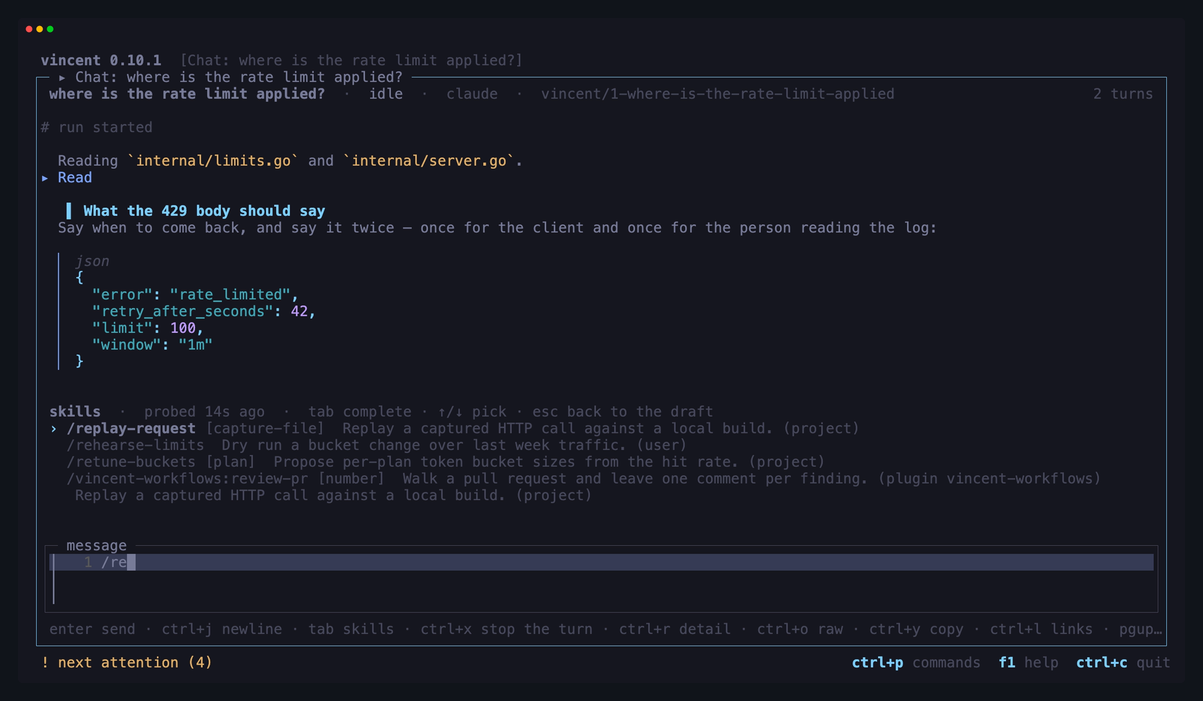 The same list opened by a typed `/re` in the composer, narrowed to the
skills whose names start with it and the plugin skill found under its bare
name, one row picked with `↓` and its description wrapped underneath,
and the draft still reading `/re`