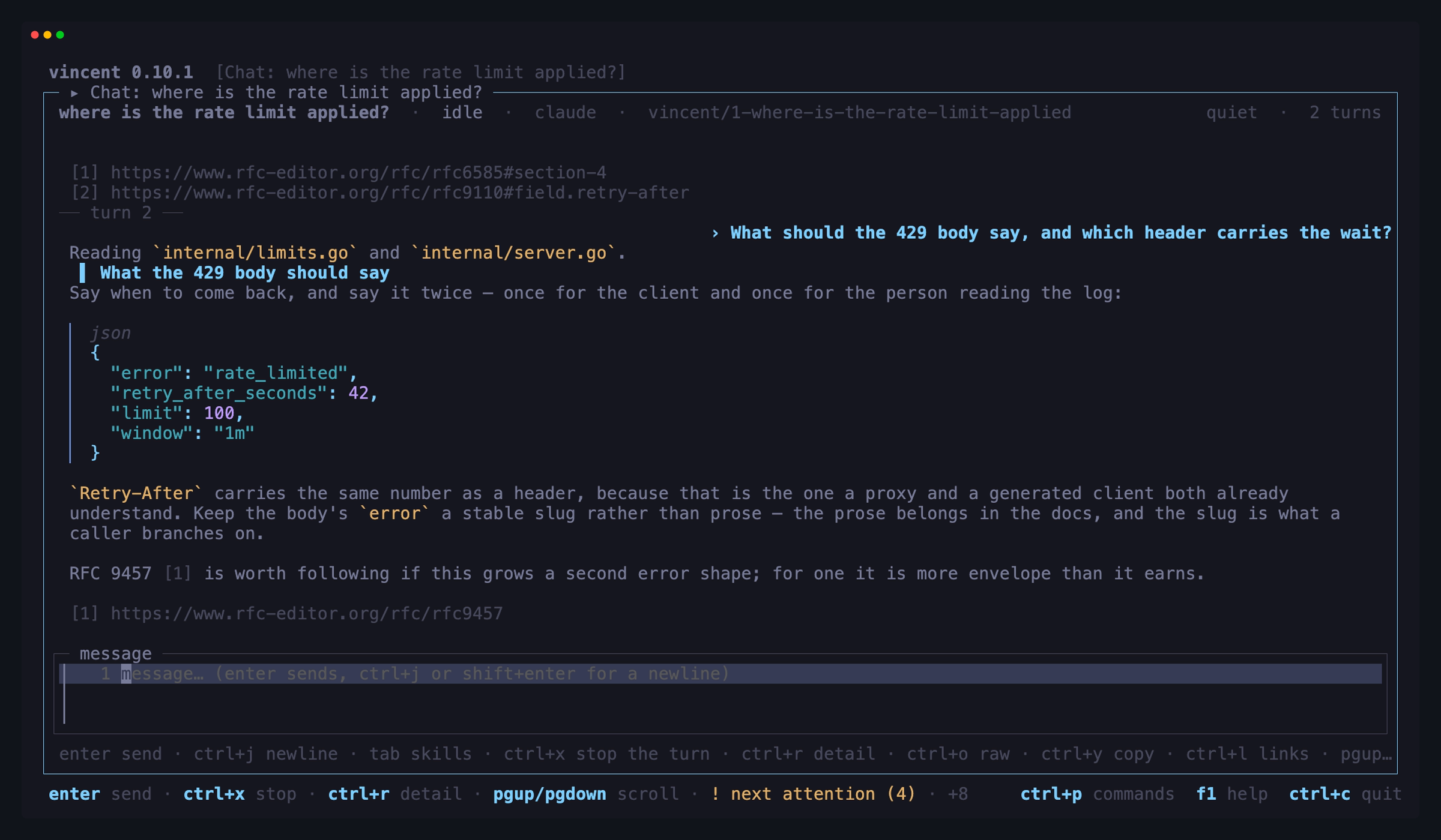 A chat in the TUI: the prompt as a right-aligned bubble, the agent's answer
rendered below it, and the composer under them