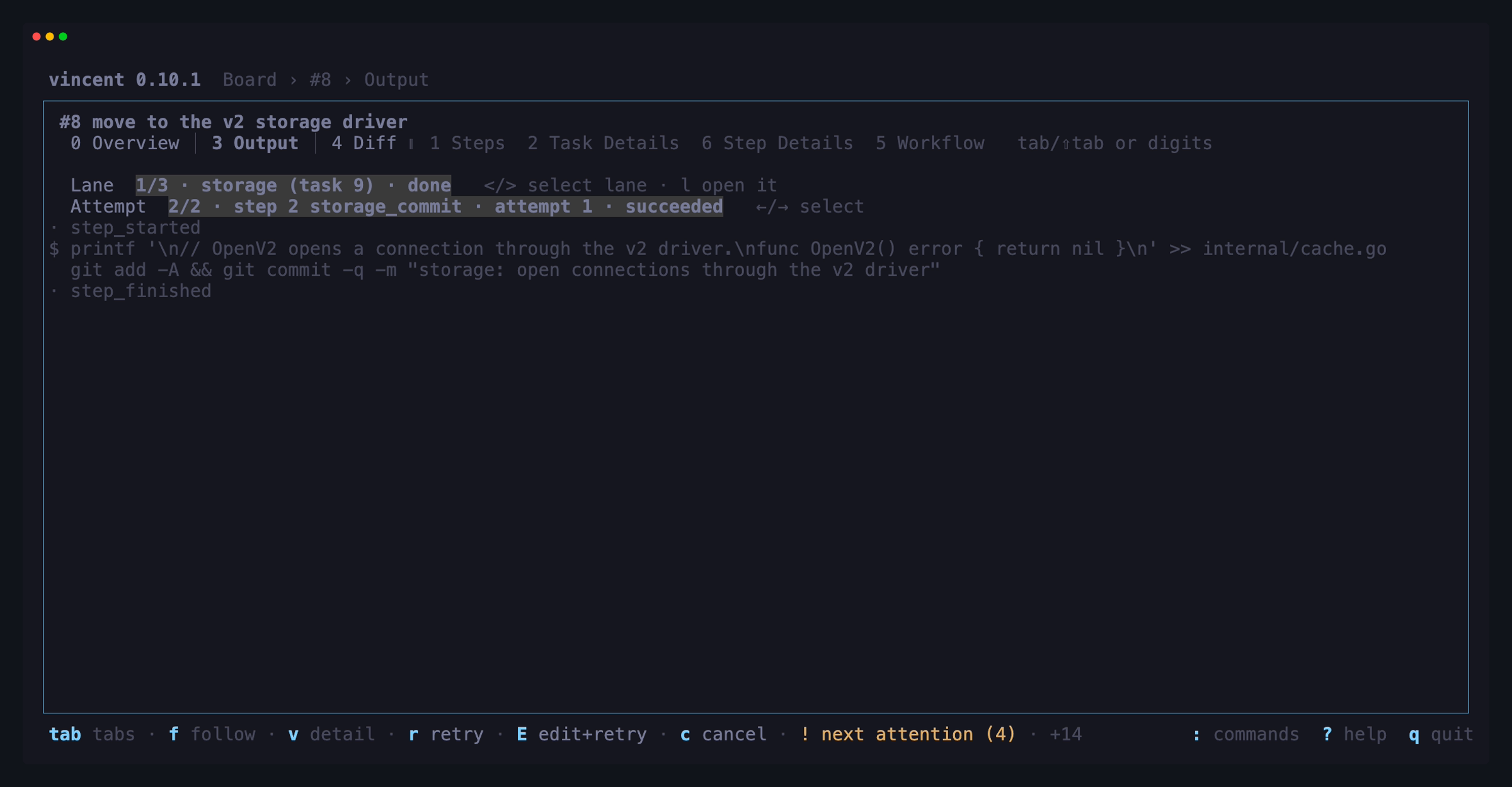 The Output tab of the same parent after one `>`: the lane strip reads `1/3 ·
storage (task 9) · done`, and the attempt strip and the output under it are that
lane's