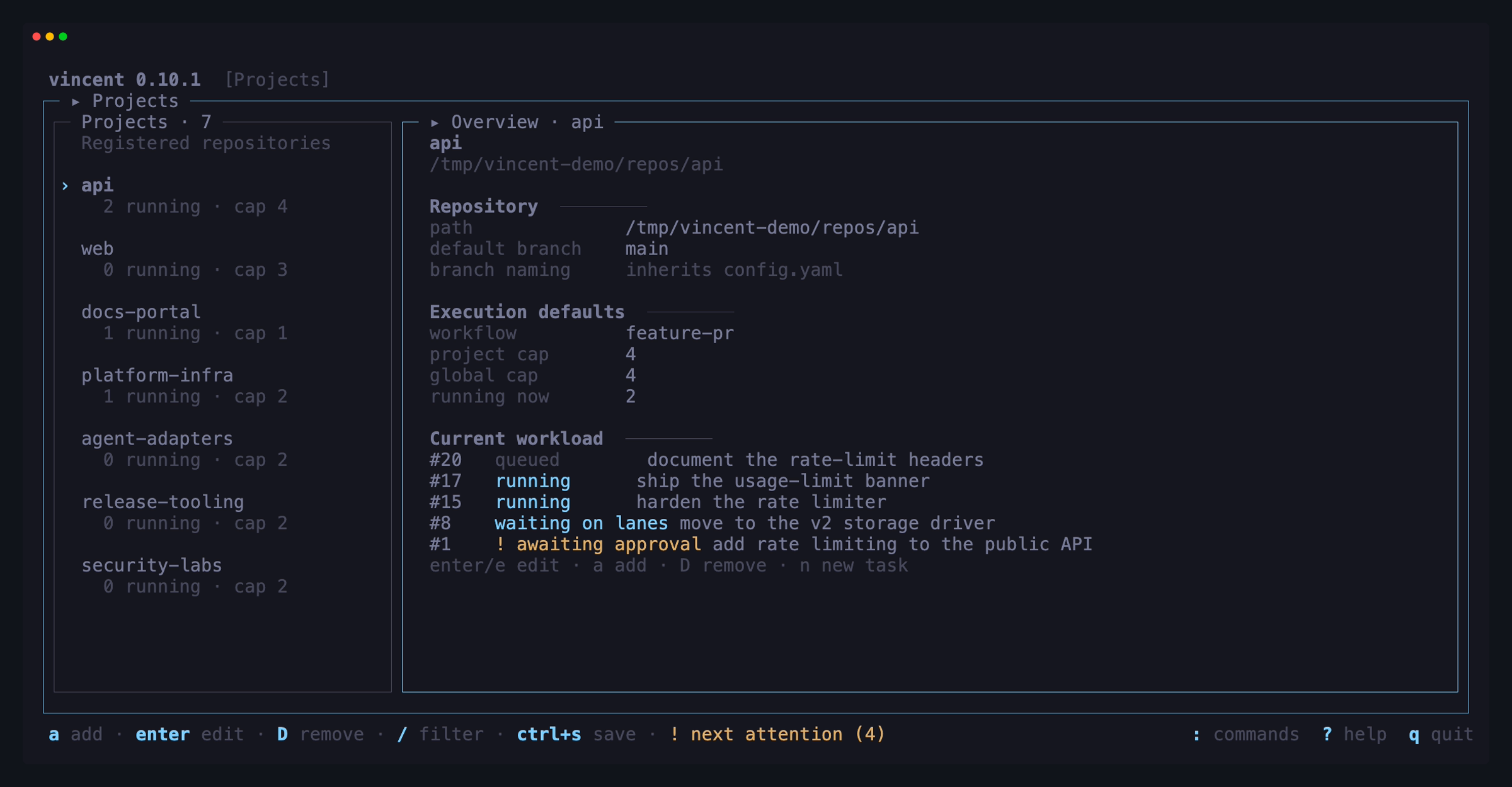 The Projects view showing seven repositories, execution defaults, concurrency limits, and a mixed active workload