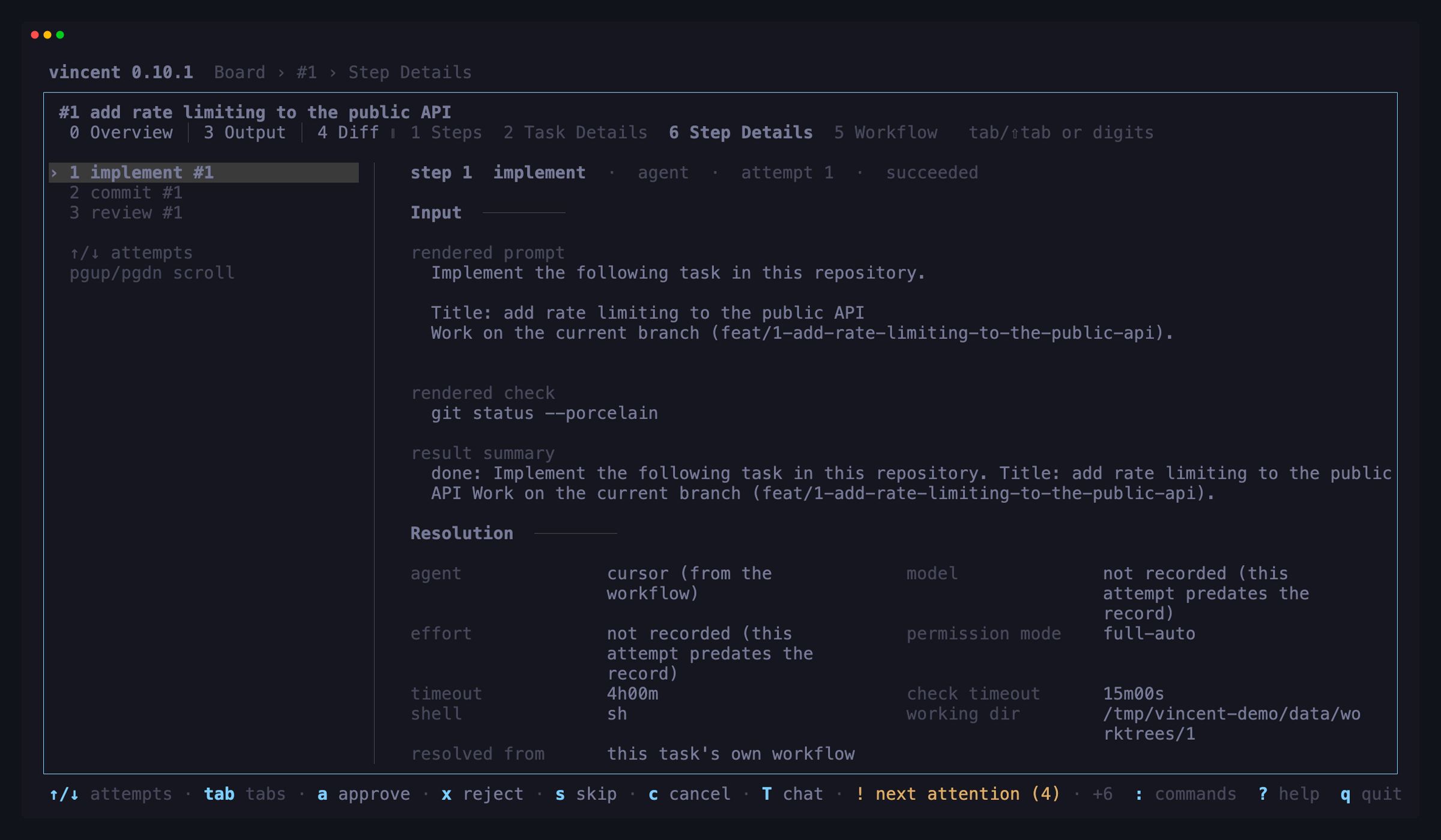 Step Details on an agent step: the attempts in the sidebar, then the rendered
prompt with the task's title and branch substituted in, the rendered check, the
result summary, and the resolution with the level each value came
from