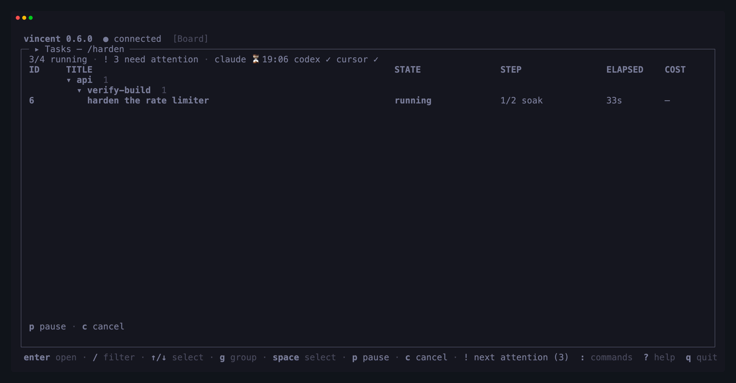 The board filtered to one running task