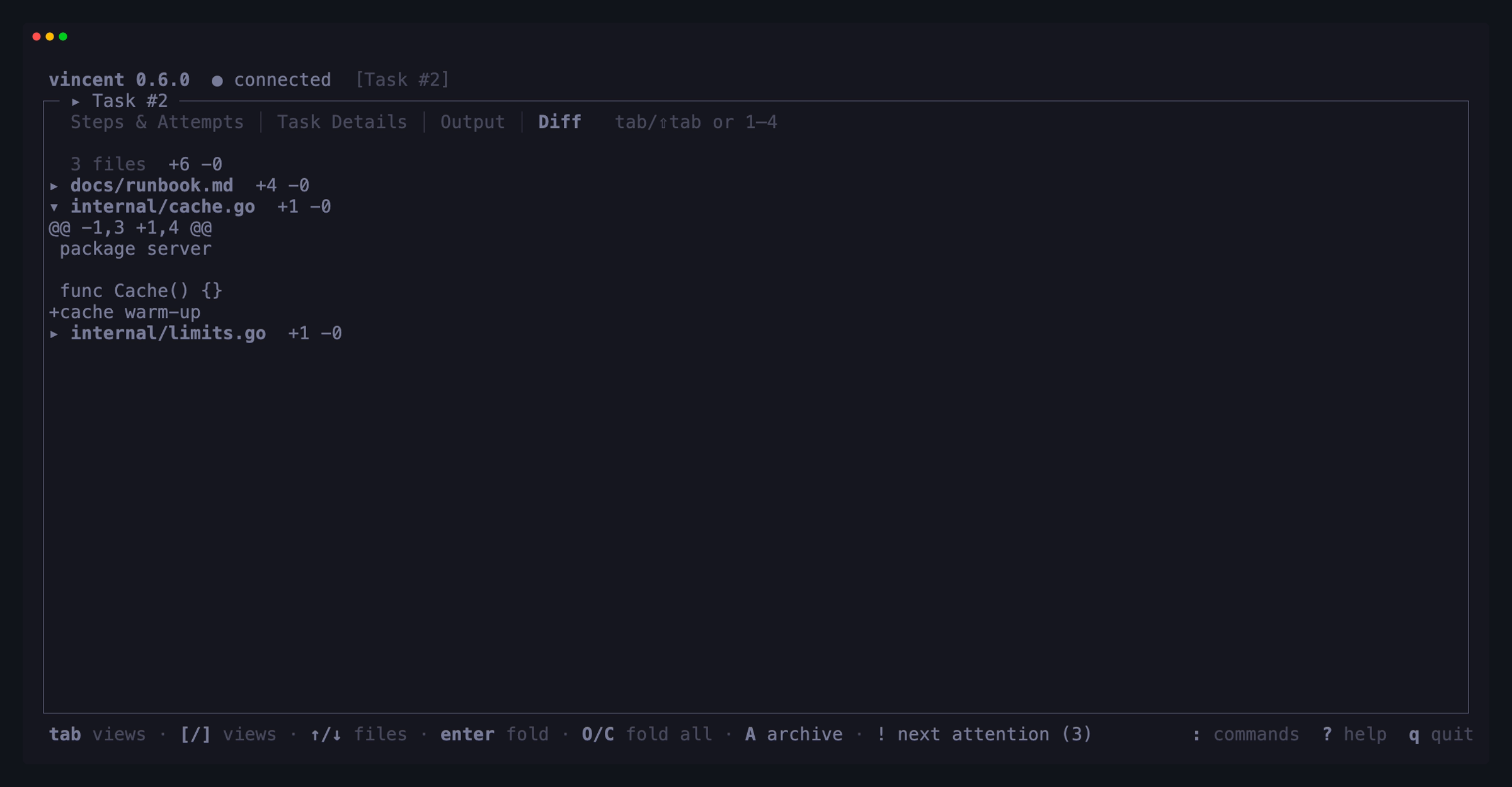 The Diff tab listing three changed files with their line counts, two folded
and one expanded to its hunk