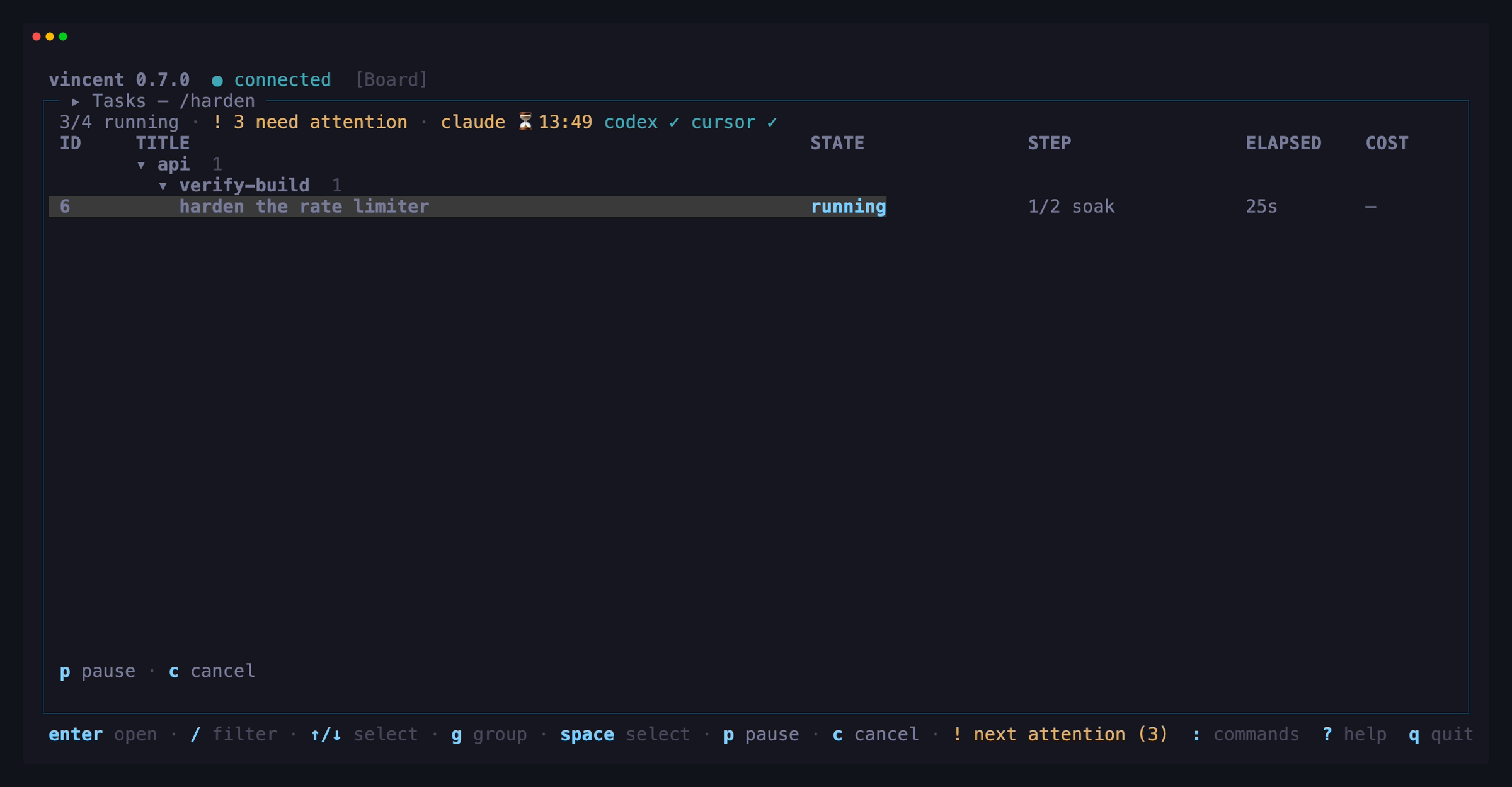 The board filtered to one running task