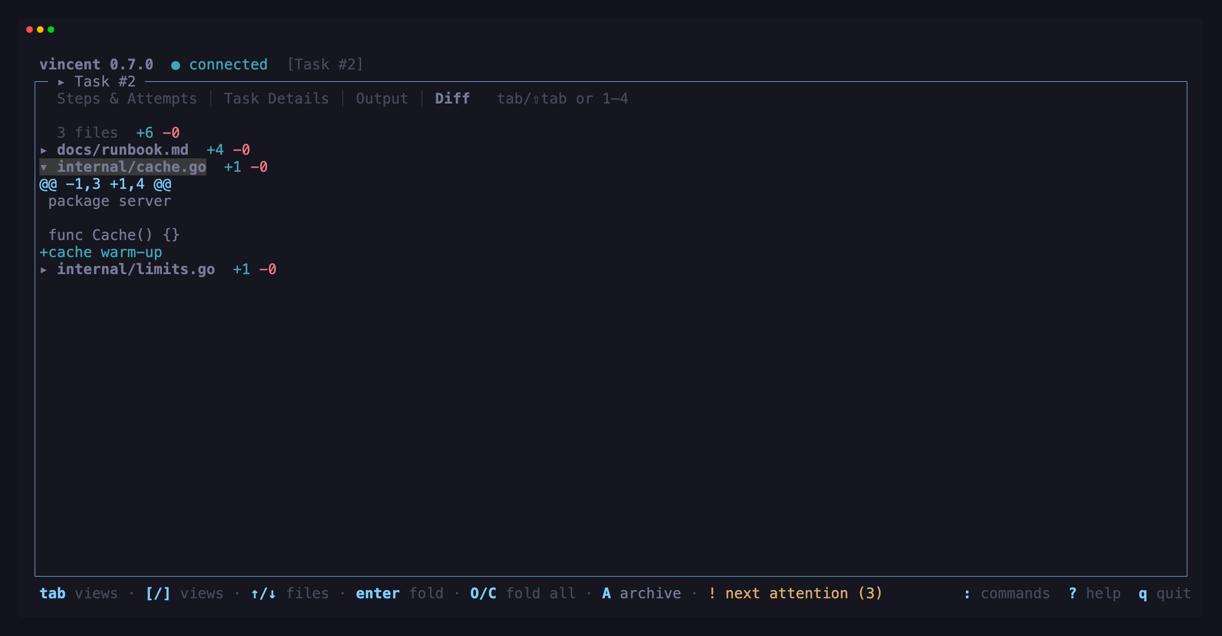 The Diff tab listing three changed files with their line counts, two folded
and one expanded to its hunk