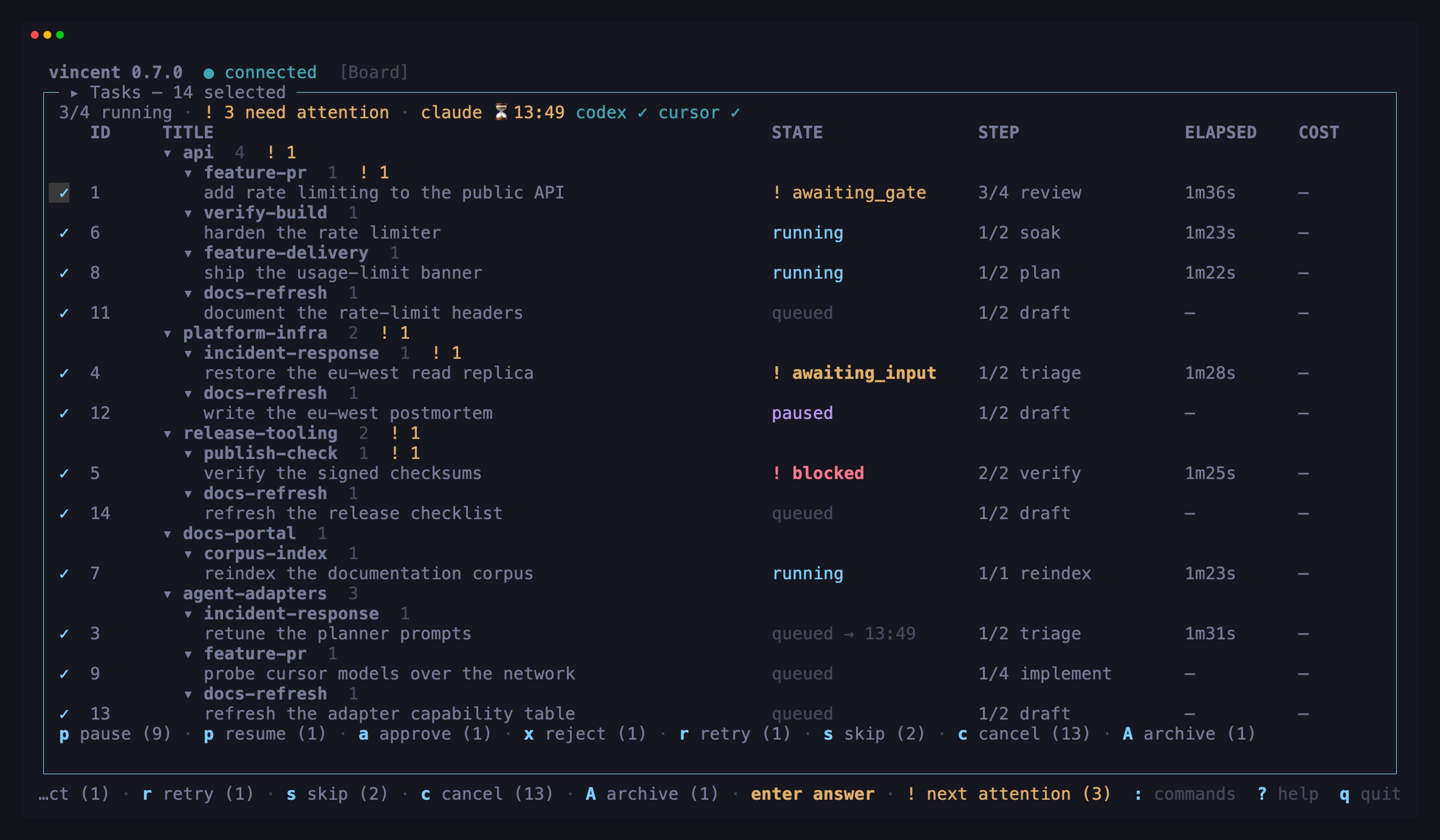 Every row selected, the panel title reading "Tasks — 13 selected", and the
action bar offering each action with the number of selected tasks it can move