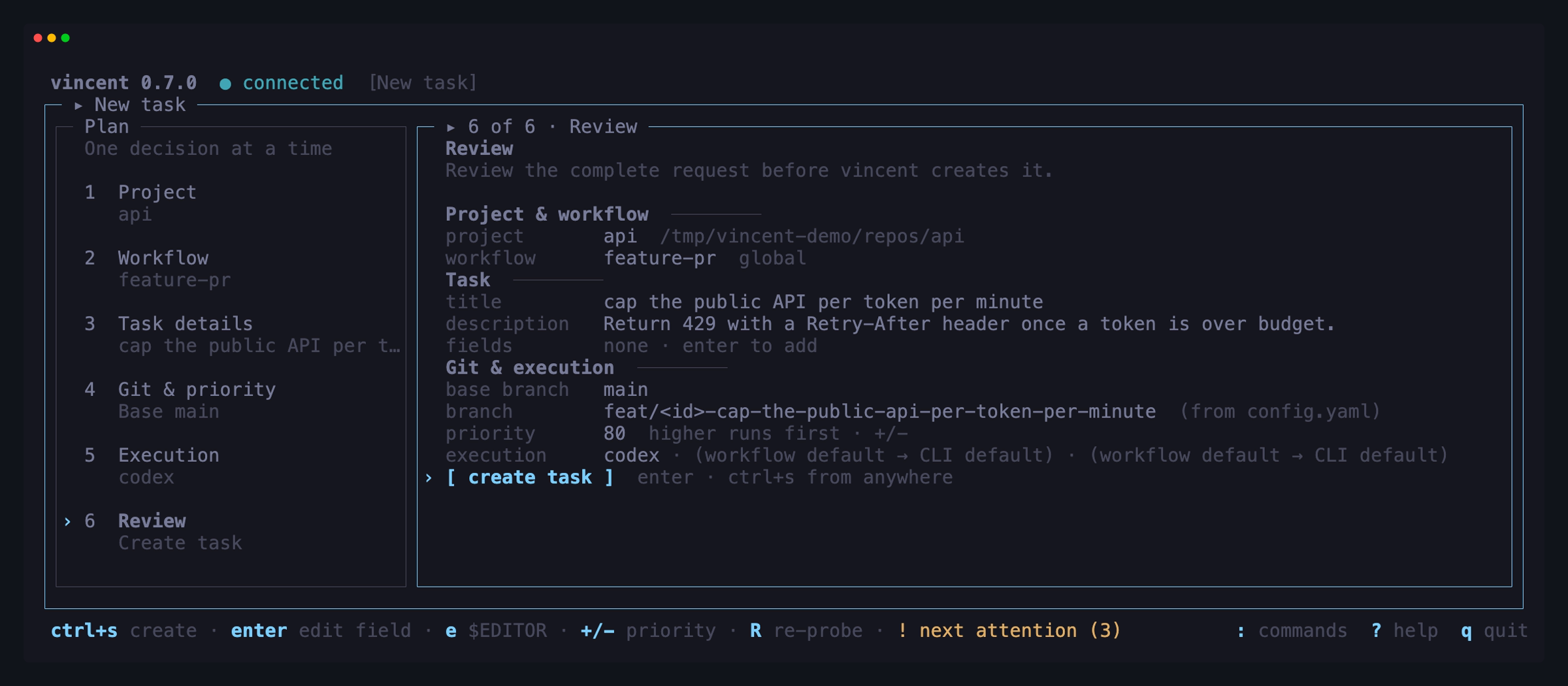 The guided new-task flow at its final review stage, with the six-step plan and a populated task request