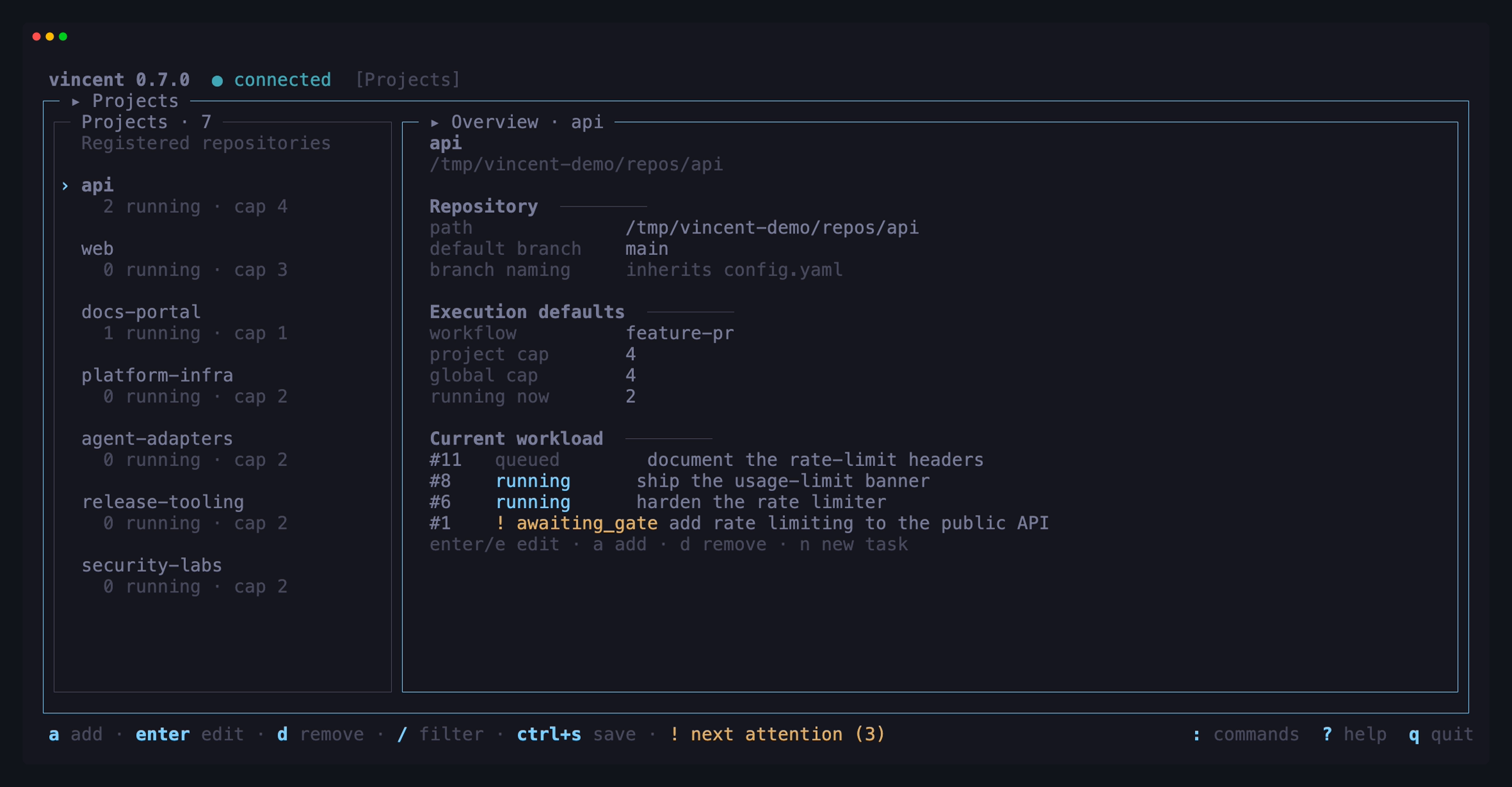 The Projects view showing seven repositories, execution defaults, concurrency limits, and a mixed active workload