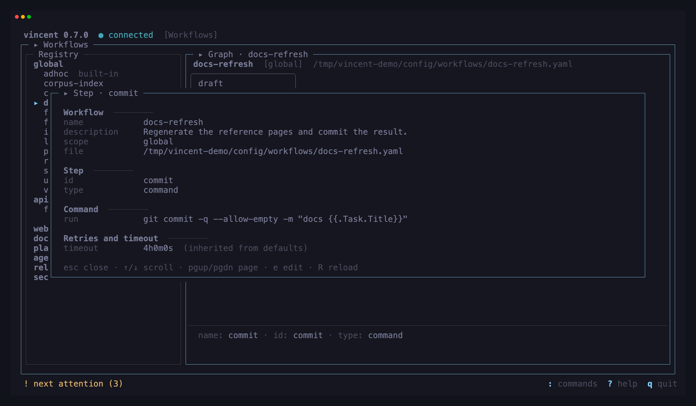 The step-detail popup over the graph: the selected command step in full — the
workflow it belongs to, its id and type, its whole `run:` body, and a timeout
marked as inherited from defaults