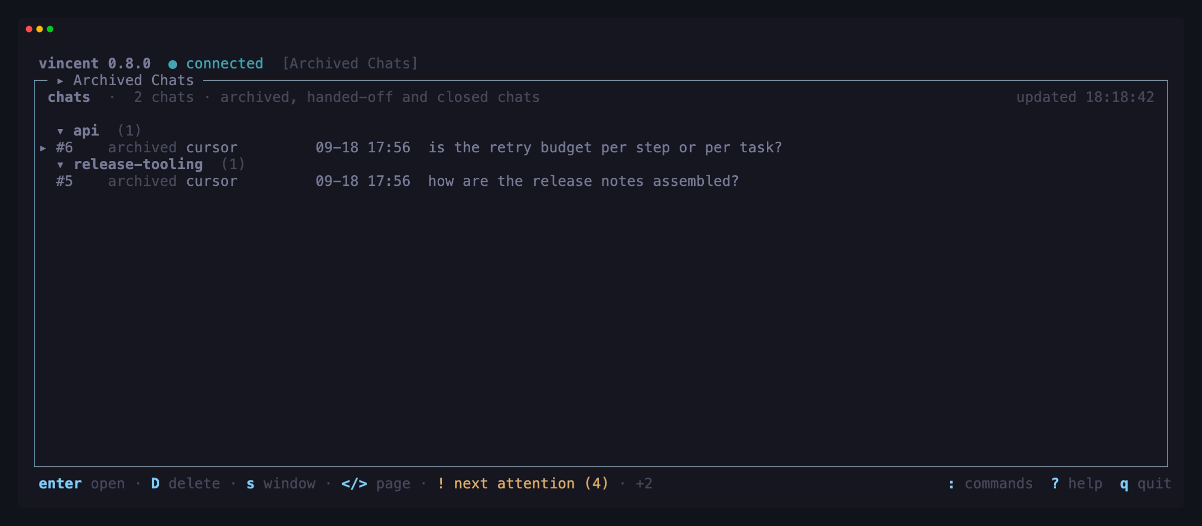 The archived chats board: two ended conversations, grouped by
project