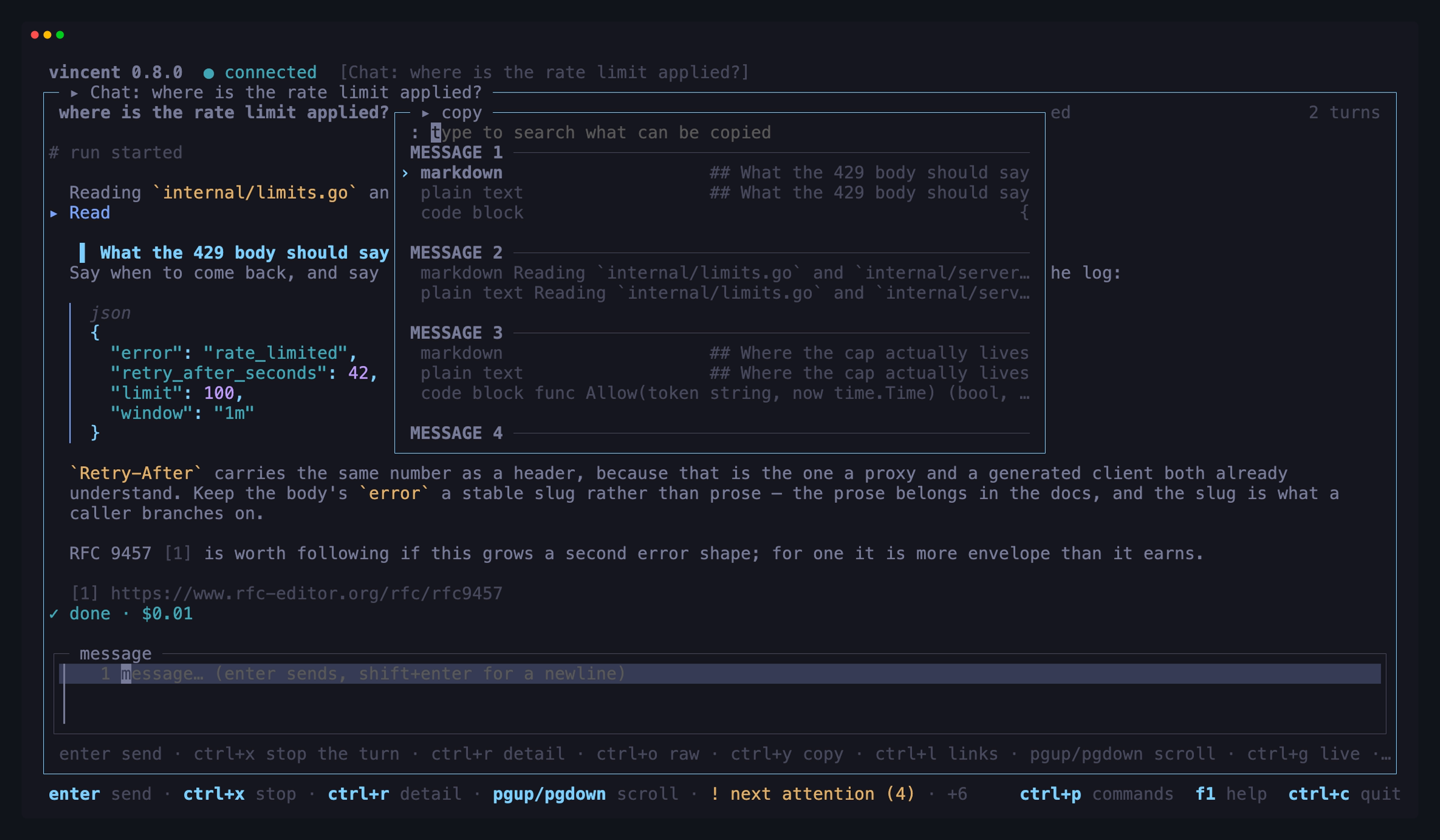 The chat workspace with the copy picker open: a group per assistant message,
each offering its markdown, its plain text and each fenced block in
it
