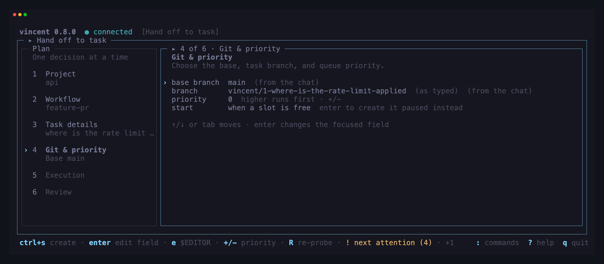 The handoff form on its Git & priority step, with the base branch and the
branch both marked `(from the chat)`