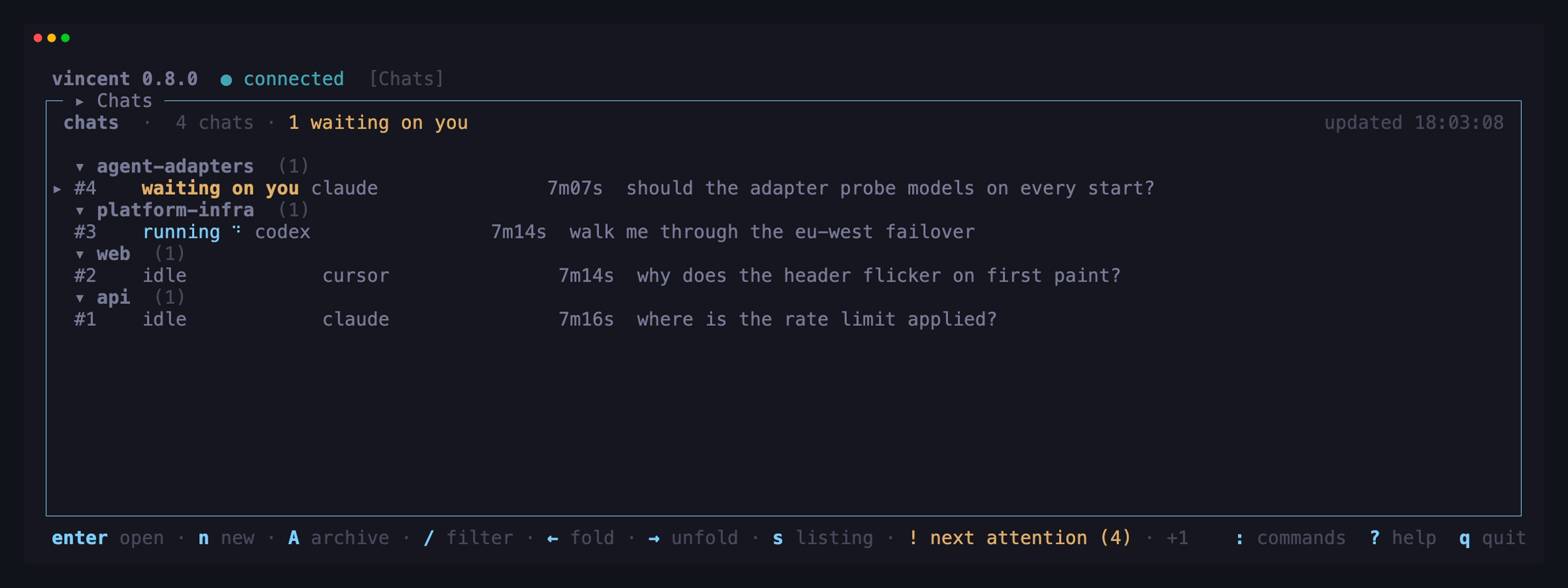 The chats board grouped by project: a chat waiting on you sorted to the top
and counted in the header badge, a running turn with its glyph beside the
`running` label, and two finished conversations