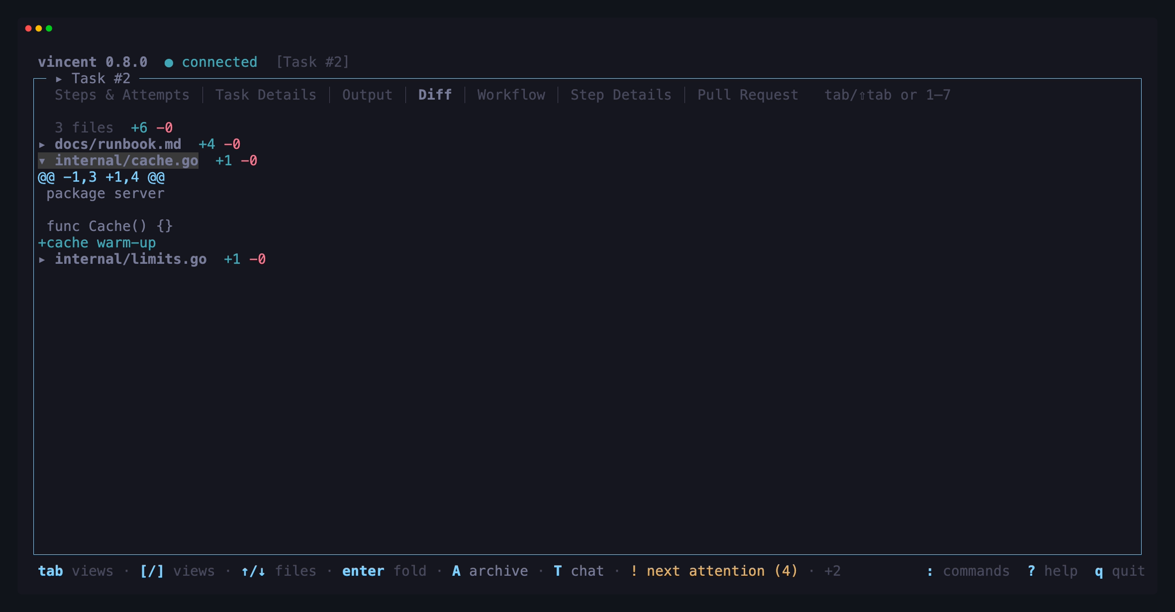The Diff tab listing three changed files with their line counts, two folded
and one expanded to its hunk