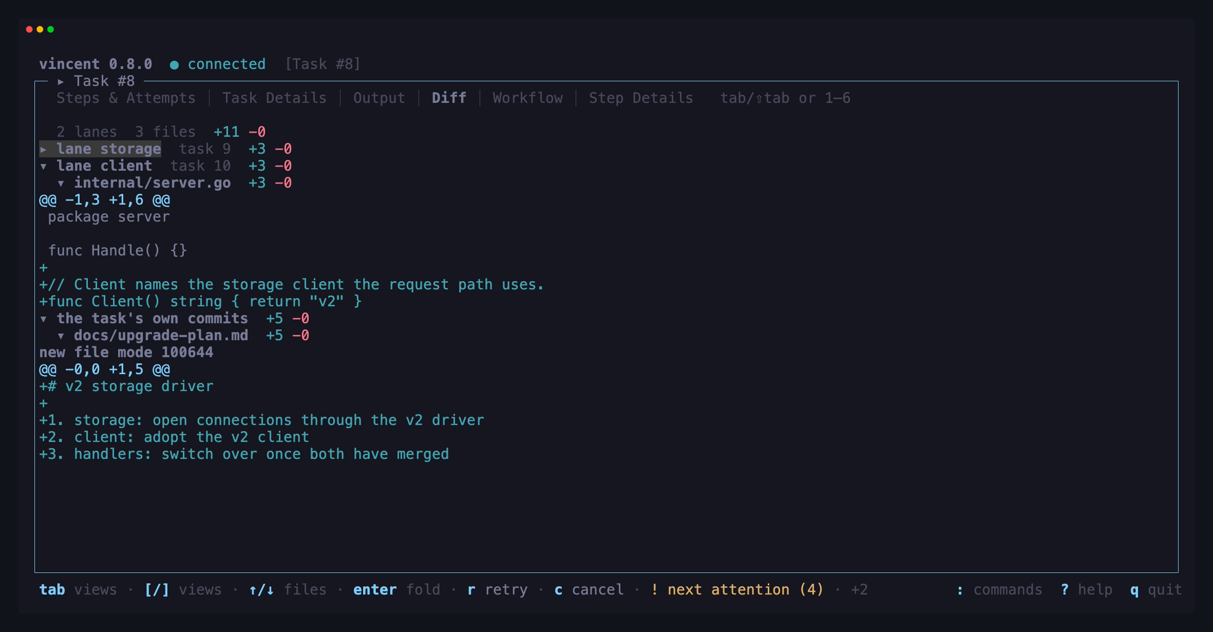 The Diff tab of a fan-out parent between its two rounds: two lanes and three
files in all, the storage lane folded, the client lane open to its file and
hunk, and the task's own commits holding the plan it wrote before it fanned
out