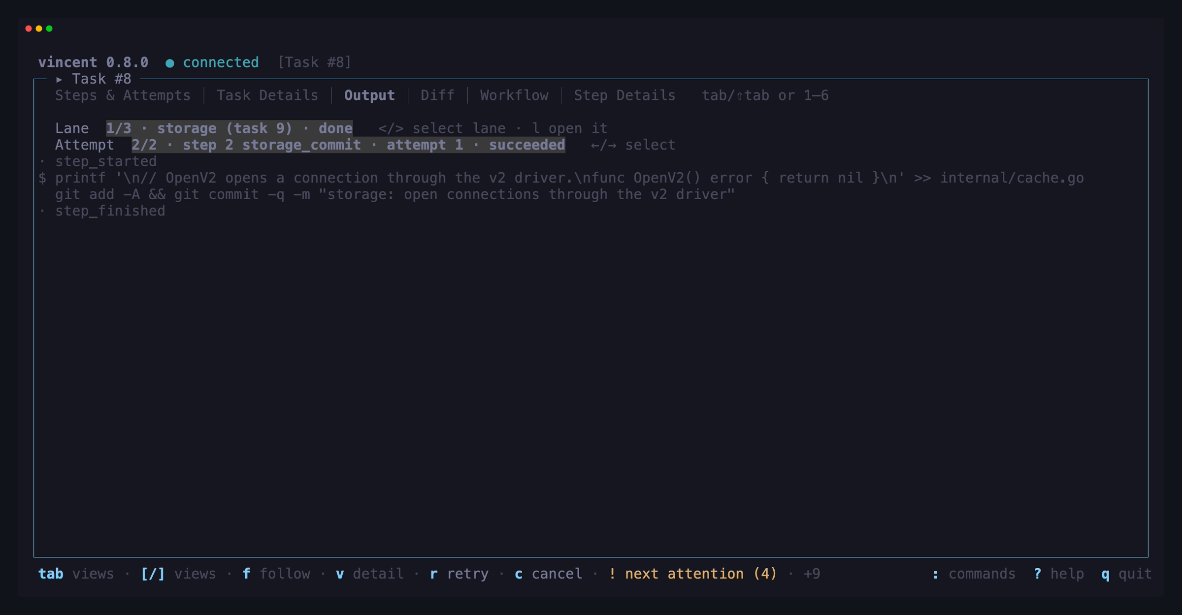 The Output tab of the same parent after one `>`: the lane strip reads `1/3 ·
storage (task 9) · done`, and the attempt strip and the output under it are that
lane's