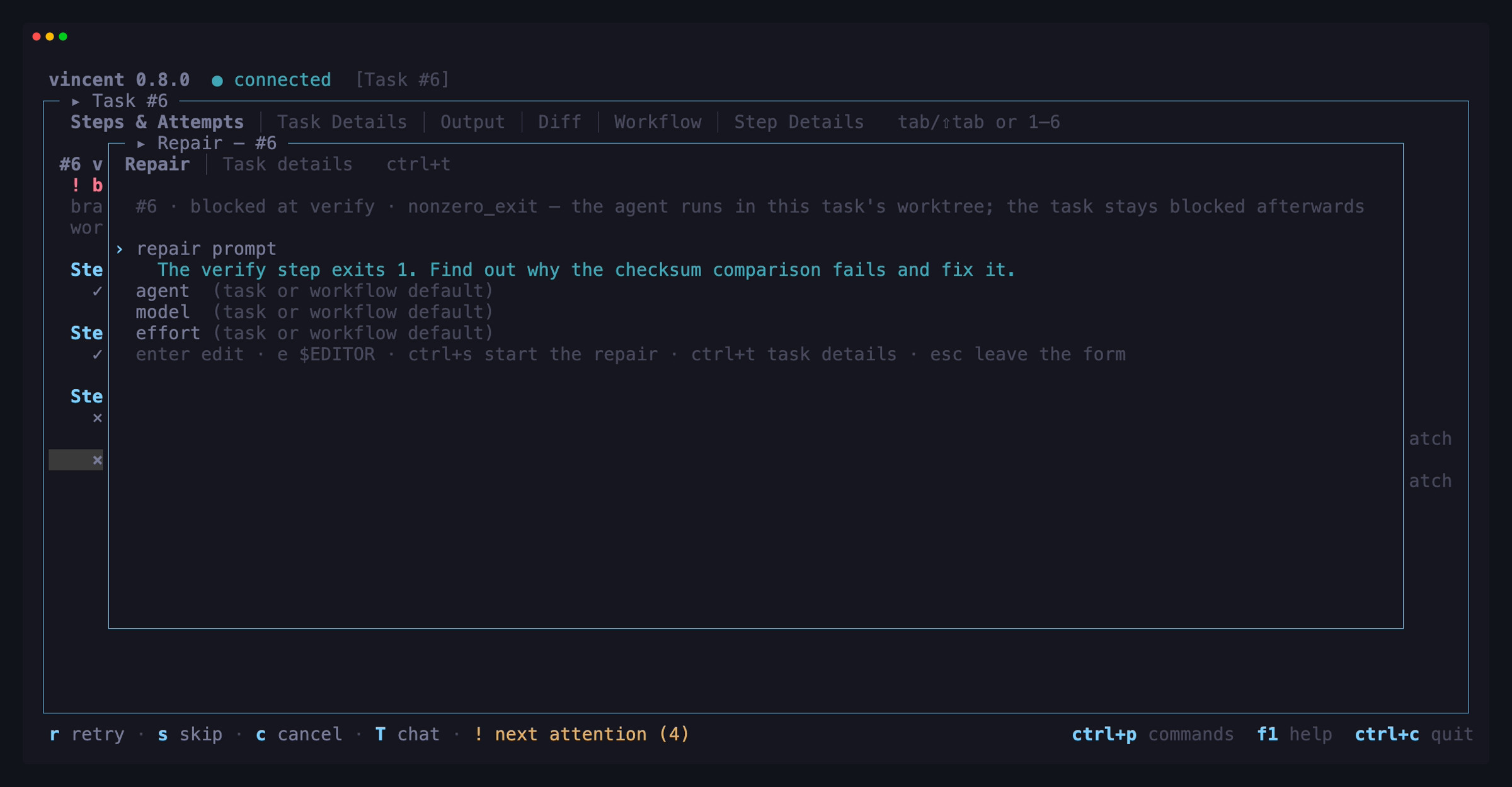 The repair popup over a blocked task: the step and reason it is blocked on,
a written repair prompt, and the agent, model and effort rows left at their
defaults