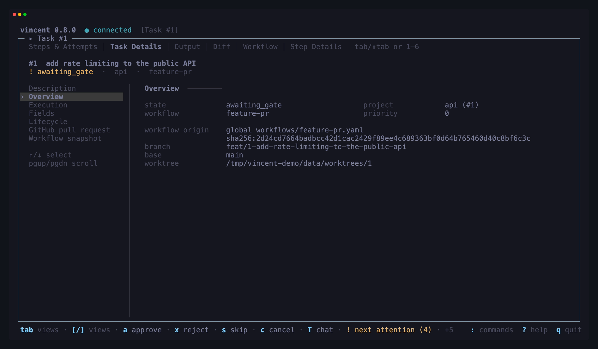 Task Details on a task at its gate: the section sidebar on the left with
Overview selected, and its state, project, workflow and where that workflow came
from, branch, base and worktree on the right