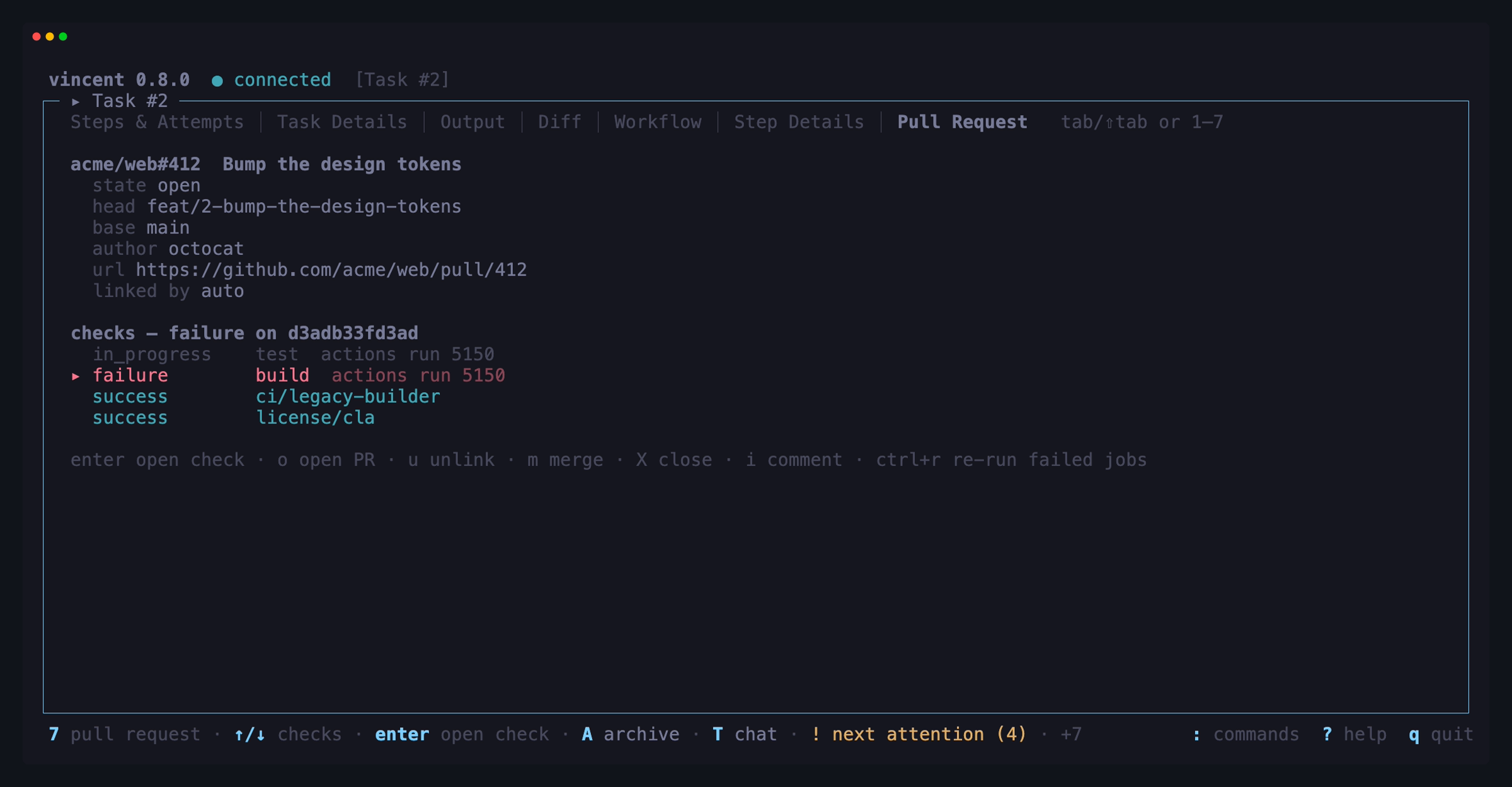 A task's Pull Request tab: the linked pull request's facts, and one row per
check on its head commit, the failed build selected